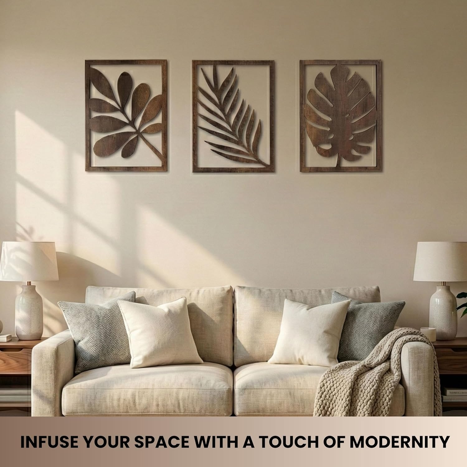 qmmp modern wooden wall sculptures - set of 3 - home decor accent - large wall art for living room, bedroom, office - easy installation (walnut, large - tree leaves) walnut unframed large - tree leaves