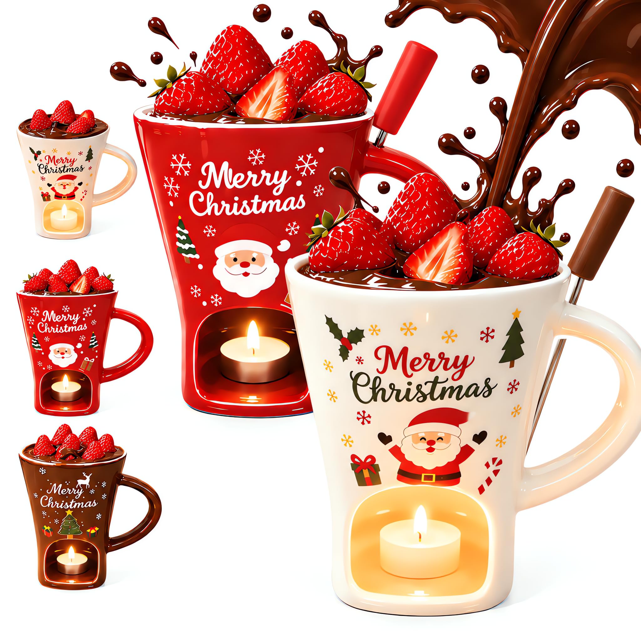 Christmas Ceramic Chocolate Fondue Mug with Fork, Ceramic Melting Cup (D+E) — image 1