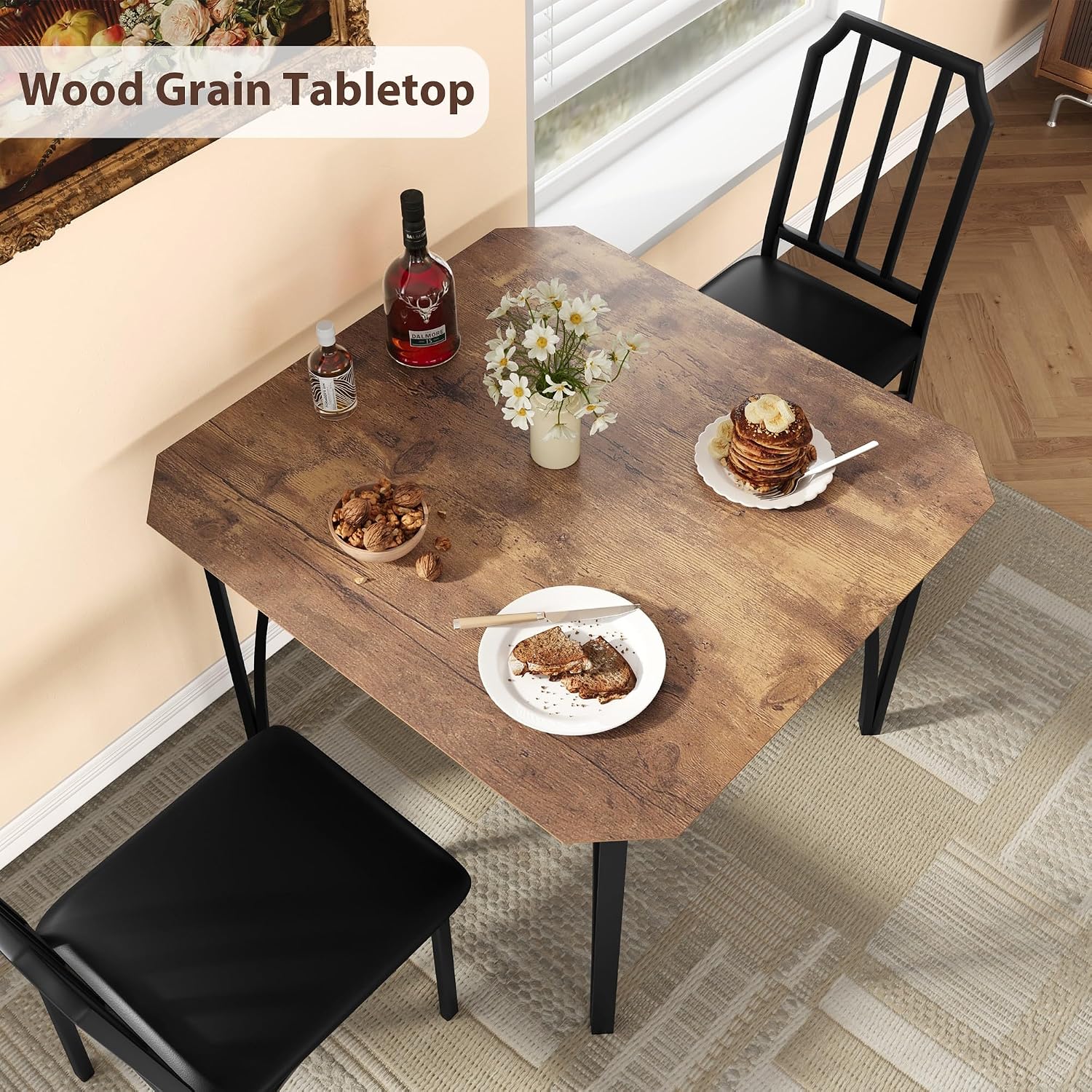 IDEALHOUSE Dining Table Set for 2, Kitchen Table Chairs Set of 2 with PU Upholstered Cushion, Dining Room Table Set for 2 Furniture with Kitchen Chairs Suitable for Small Space - Retro Brown