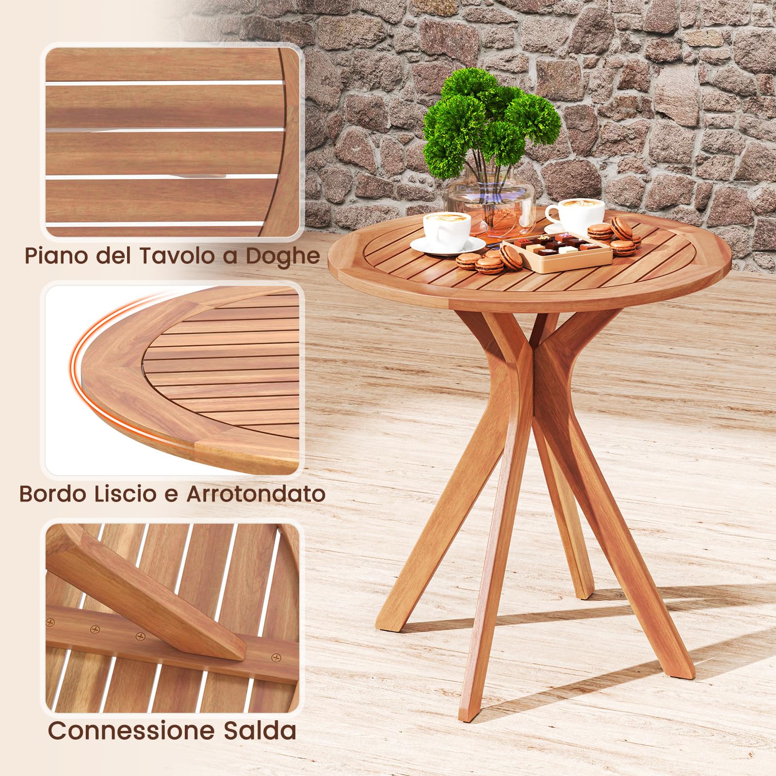 COSTWAY Tavolino da Bistro Rotondo 70 cm in Legno di Acacia con Gambe in X | Tavolo da Caffè Laterale per Giardino Patio e Piscina con Portata 75 kg