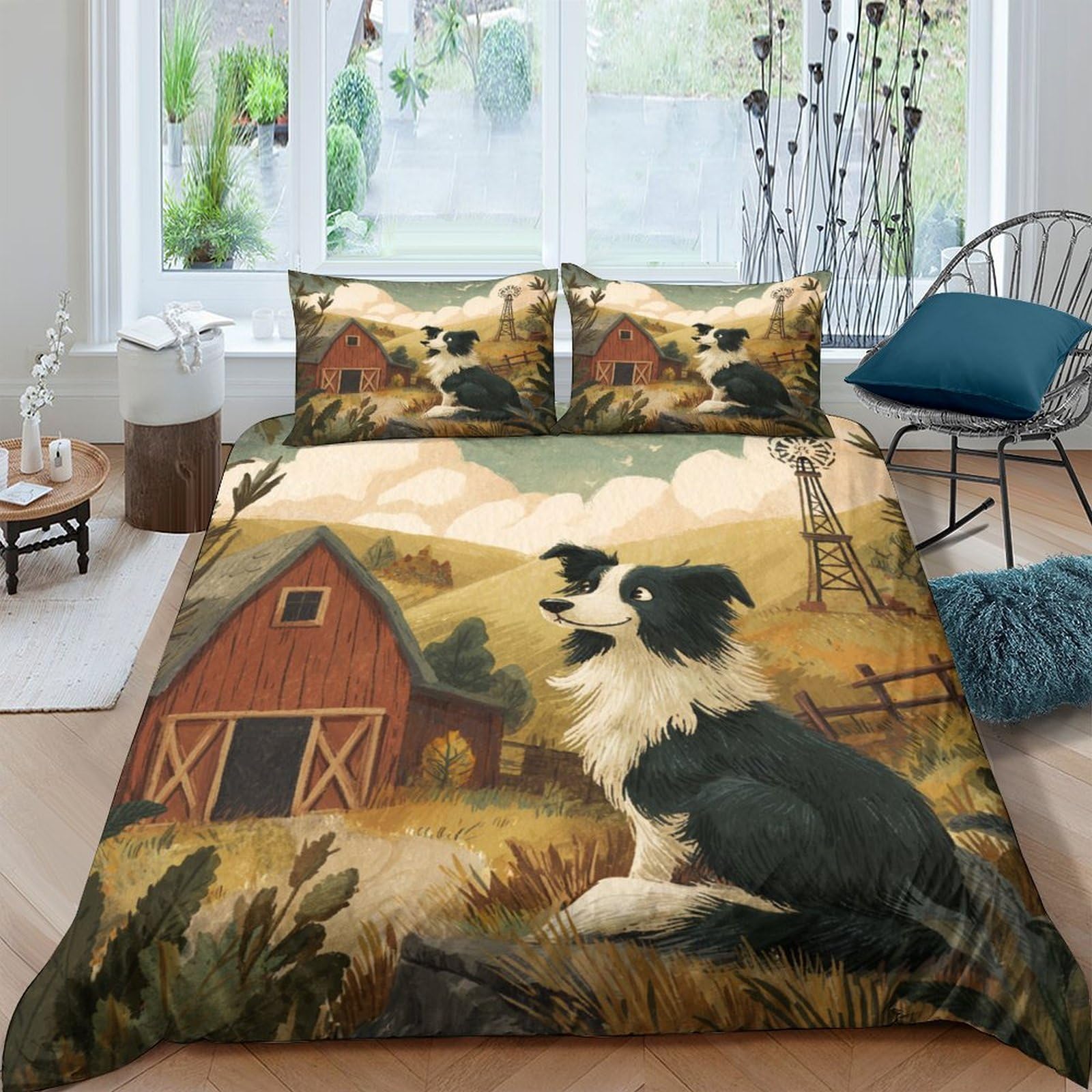 GPLZQXKJNH 3D Printed Farmhouse Barn Duvet Cover Microfiber Soft Breathable Border Collie Bedding Set with 2 Pillowcases for Bedroom Decor, Single（135x200cm）