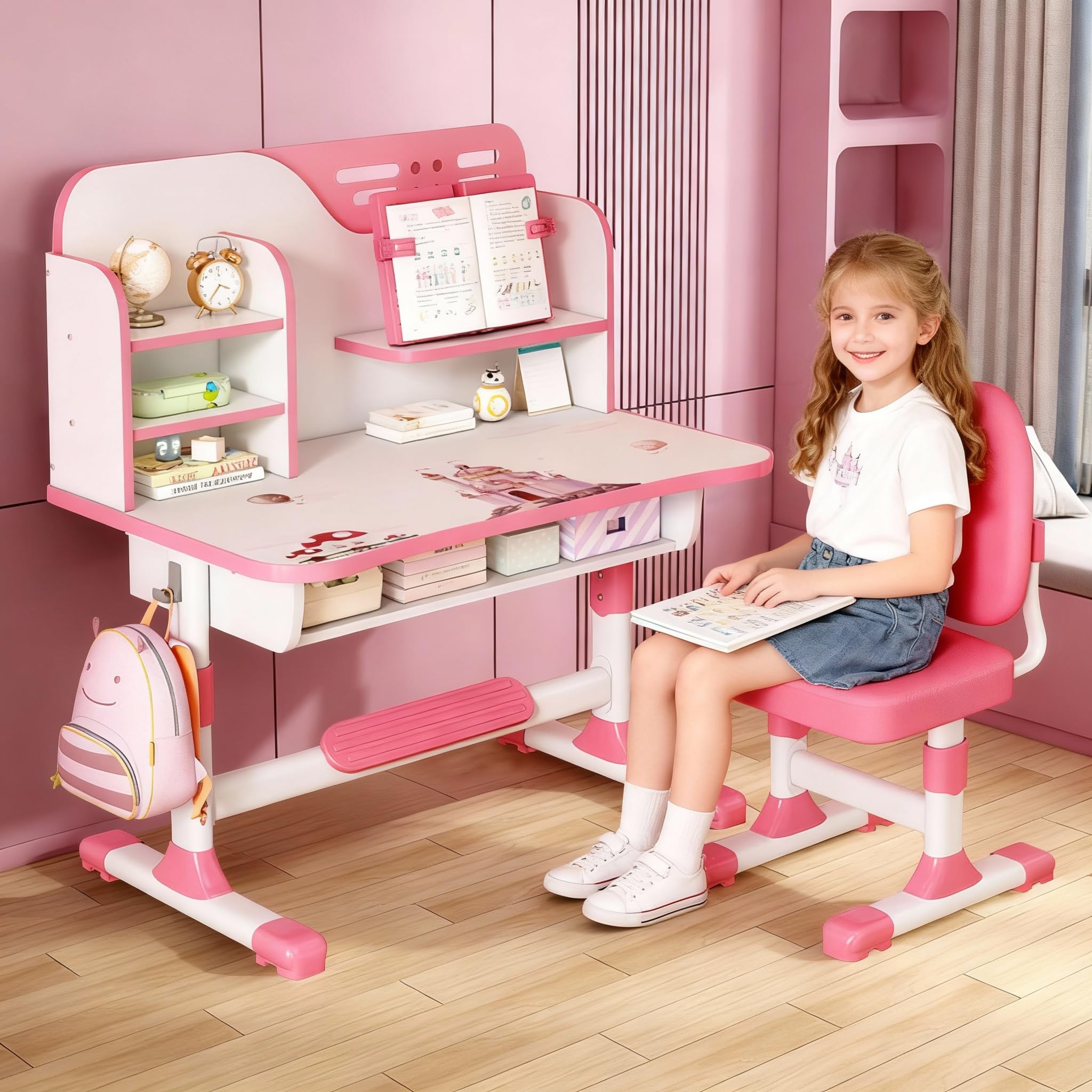 Ensemble de chaises de bureau réglables pour enfants avec table d'étude, bibliothèque et tiroir (rose)