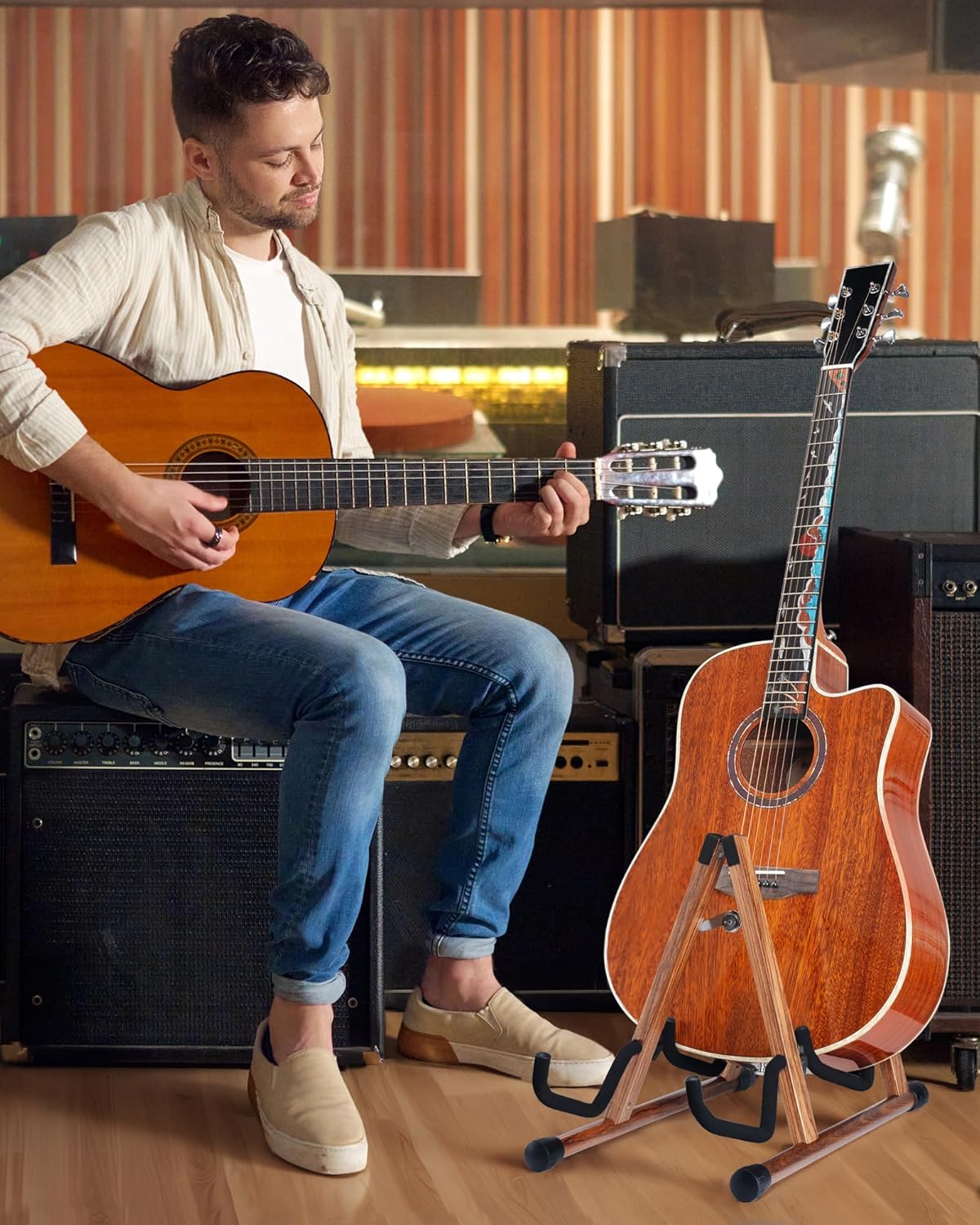 Double Guitar Stand, A-Shape Dual Guitar Stand with Padded Foam, Multiple Instrument Rack for 2 Acoustic, Electric, Bass, Banjo, Mandolin, Wood Instrument Rack Floor for Home Studio Display