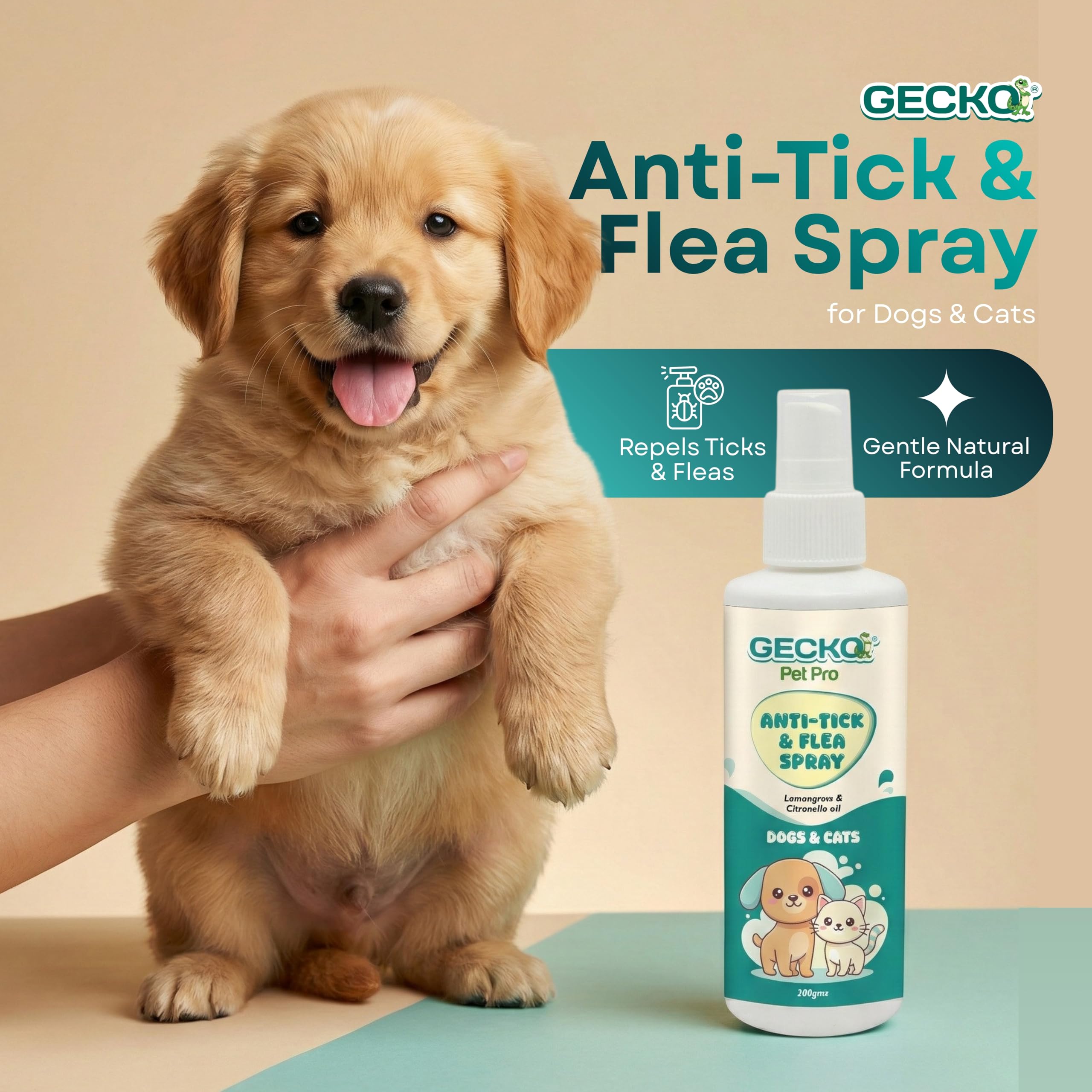 Gecko Pet Pro Anti Tick & Flea Care Spray for Dogs & Cats | 2× Concentrated External Parasite Care | Coat Hygiene & Grooming Support | Lemongrass & Citronella Oil | 200 ml (Pack of 1)