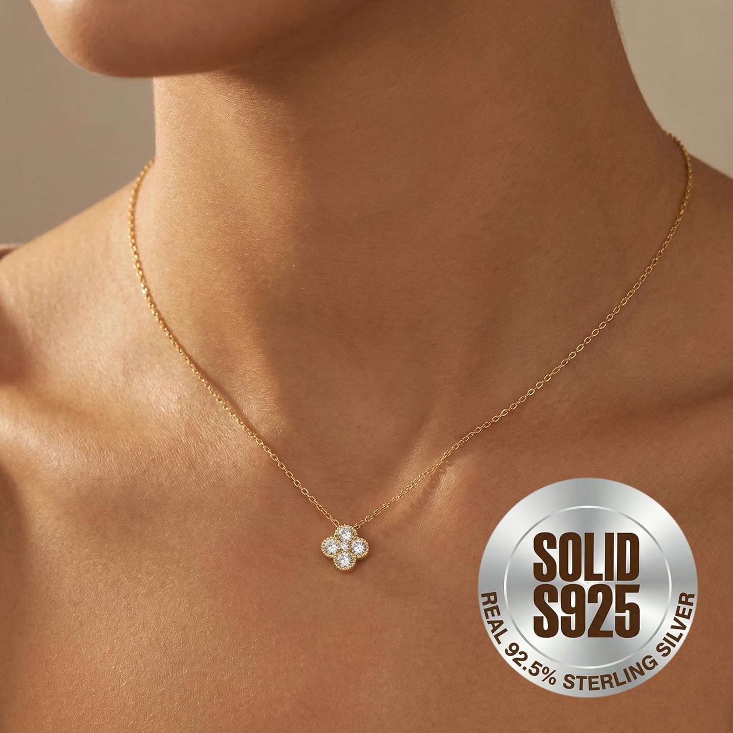 SLUYNZ Solid 925 Sterling Silver Small Clover Choker Necklace for Women Teens CZ Clover Pendant Necklace