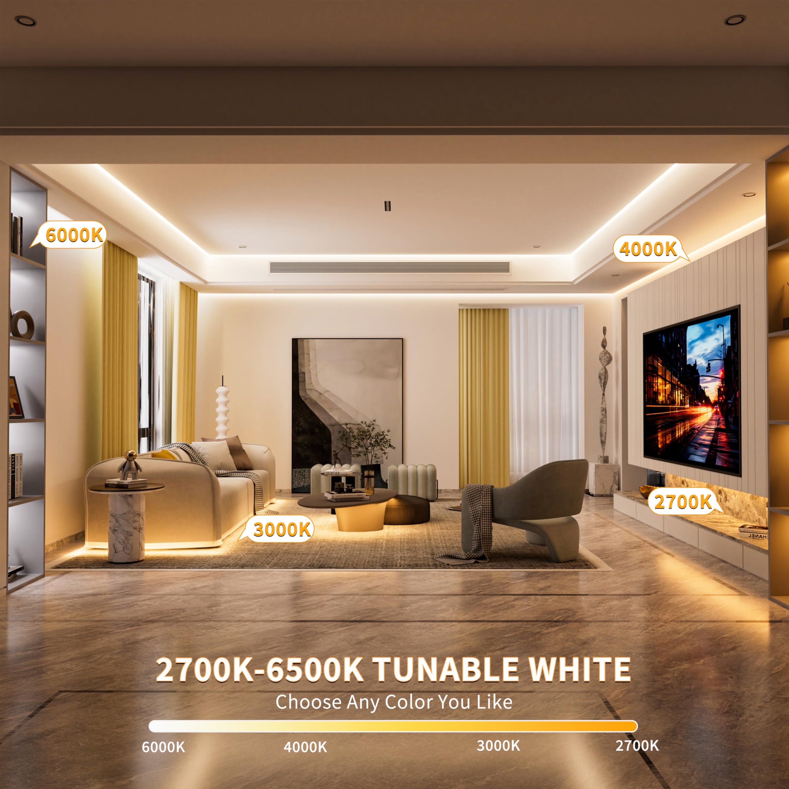 PAUTIX COB LED Strip Lights Addressable 2700K-6500K Chasing White Light CCT Smart IC Tunable Tape Lights 16.4ft Super Bright Dimmable,Alexa Voice Control,for Under Cabinet Bedroom Kitchen DIY Lighting