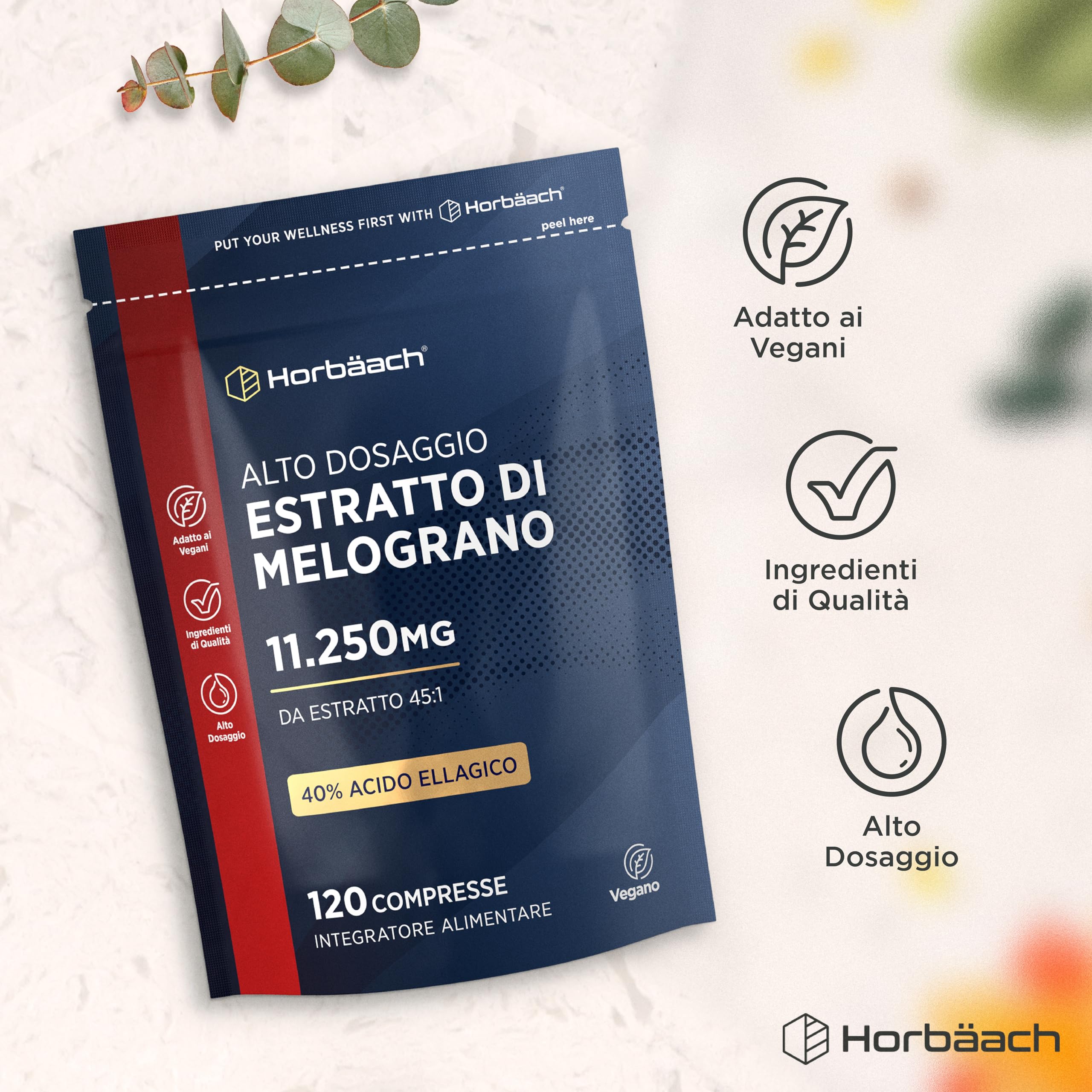 Estratto di Melograno Integratore 11250 mg | 120 Compresse Vegane | 4 Mesi di Scorta | 40% di Acido Ellagico | Pomegranate Extract Supplement | di Horbaach