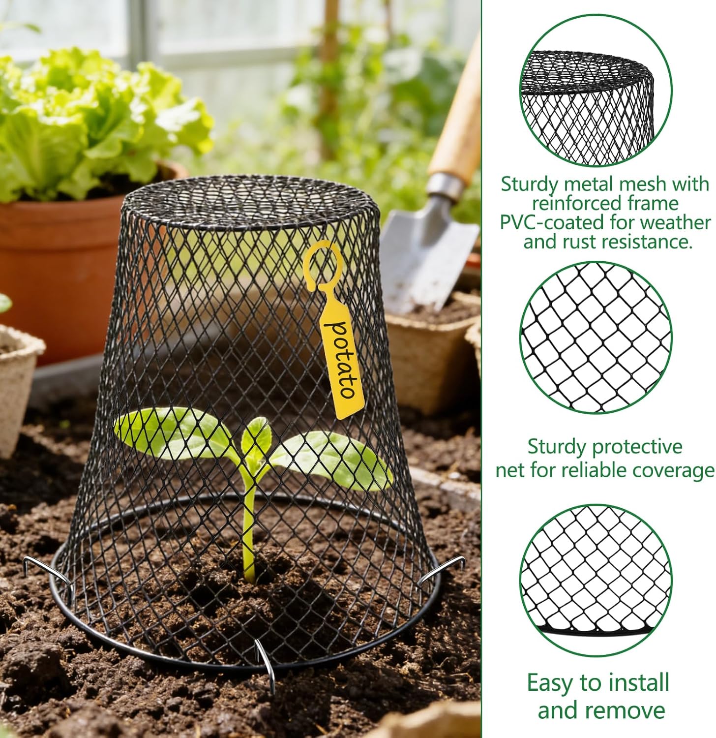 Cyrico 12 Pcs Plant Protectors from Animals, Chicken Wire Cloche Kit with Stakes and Labels, Metal Mesh Garden Cloches Keeps Out Rabbits, Squirrels and Birds for Seedlings Vegetables Flowers Outdoor