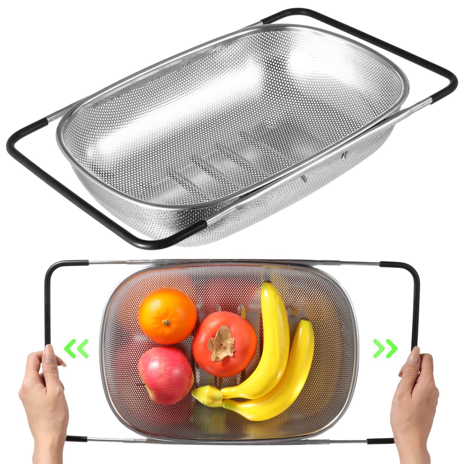 2 coladores sobre el fregadero, coladores y coladores para fregadero de cocina con asas expandibles, colador de acero inoxidable, colador de pasta y verduras y frutas