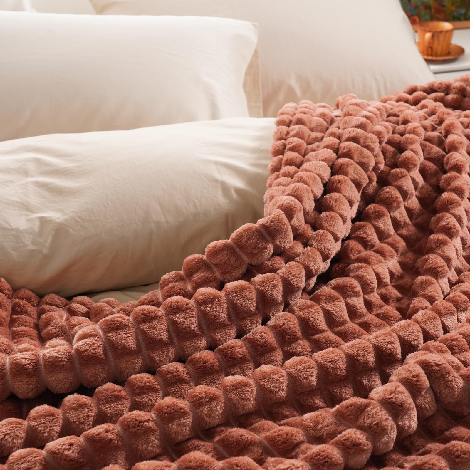 phf luxury soft fleece blanket twin size, no shed no pilling, 380gsm fluffy cozy throw blankets for bed, 66"x90", lightweight warm bedding for home decor, ideal gift for women, burnt umber
