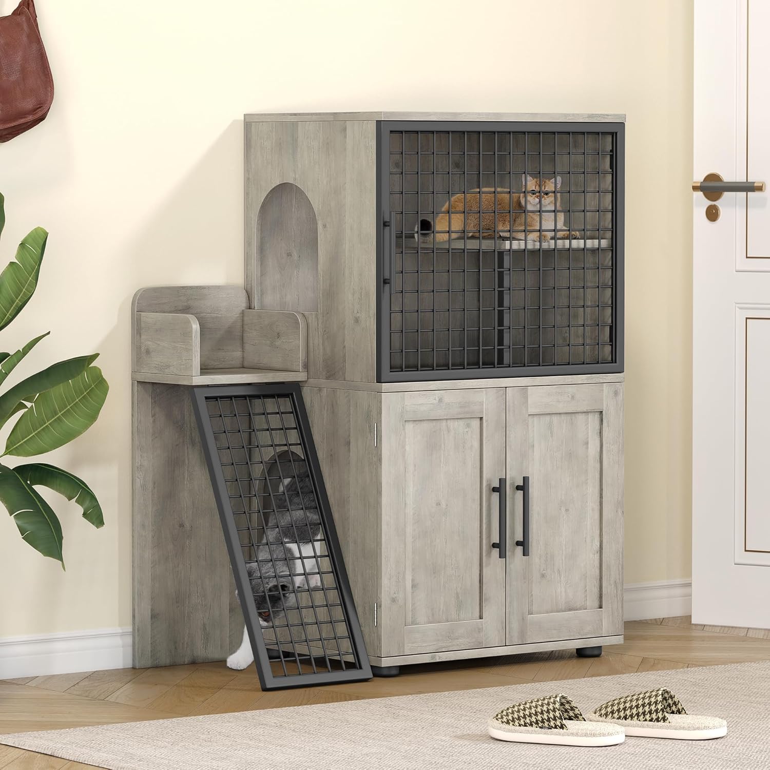 Stylish Enclosed Cat Litter Box Cabinet with Platform and Climbing Ladder, Multi-Functional Cat Litter Box House for Indoor Cats, 33.5" L x 17.9" W x 41.9" H, Grey