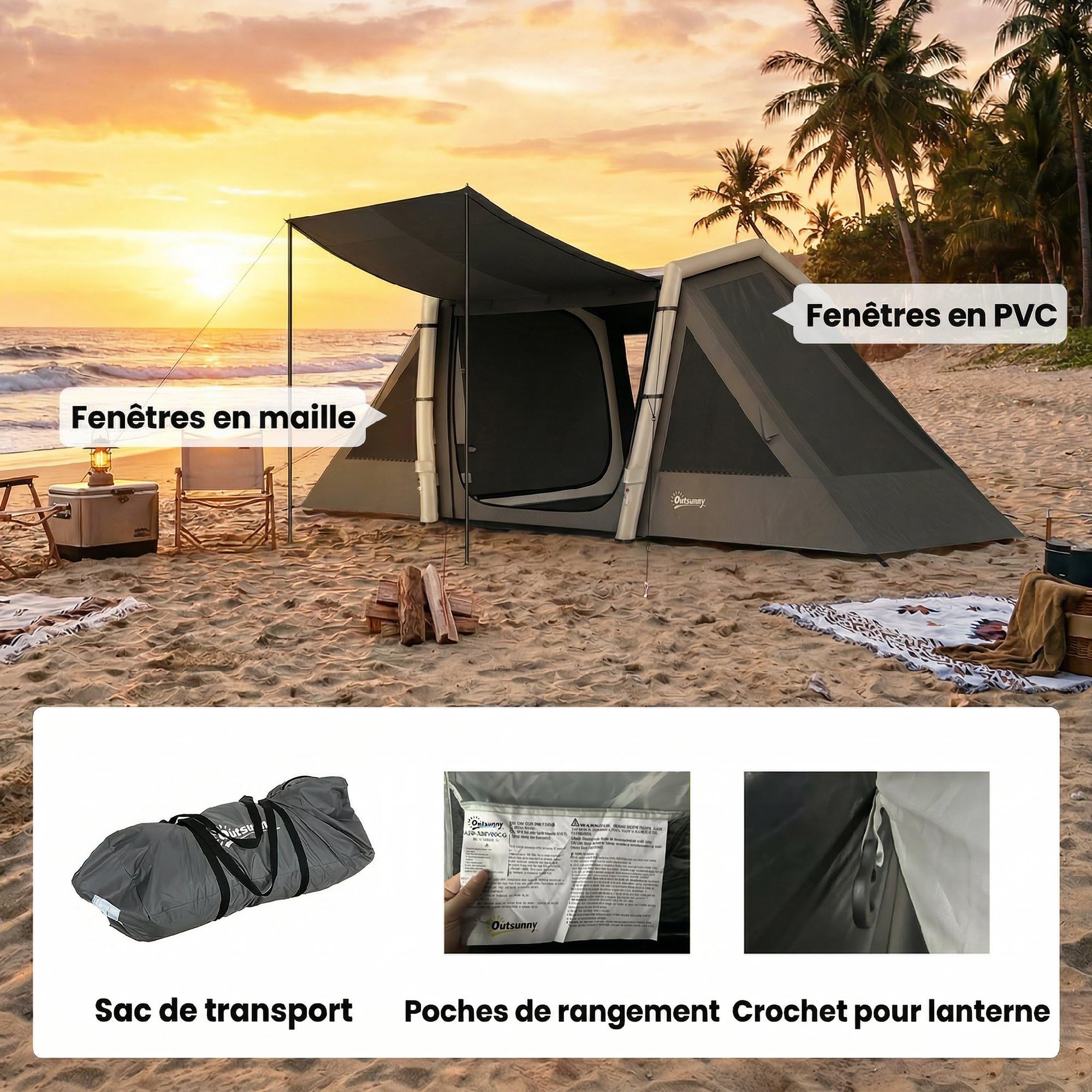 Outsunny Blackout, tenda gonfiabile da campeggio per 4 persone, tenda ad aria, lunga 5,8 m, con 2 camere da letto e soggiorno, impermeabile, 3000 mm, con pompa, tettoia e picchetti fluorescenti
