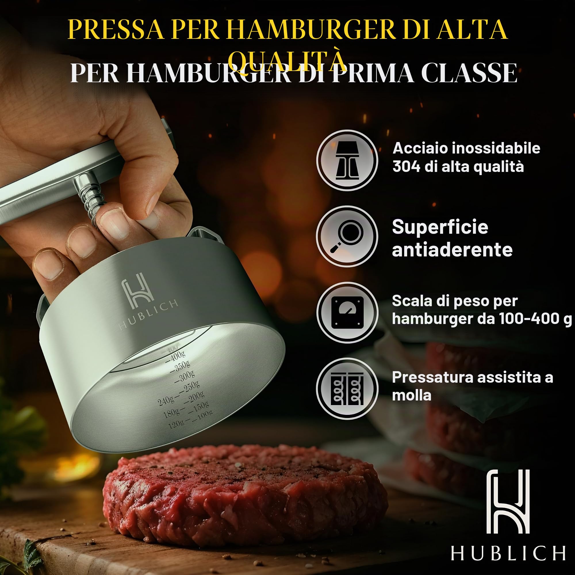 Pressa per hamburger di alta qualità in acciaio inox – pressa per hamburger – Accessorio ideale per barbecue perfetto per patties di carne macinata da 100 – 400 g – Patty Maker per succosi
