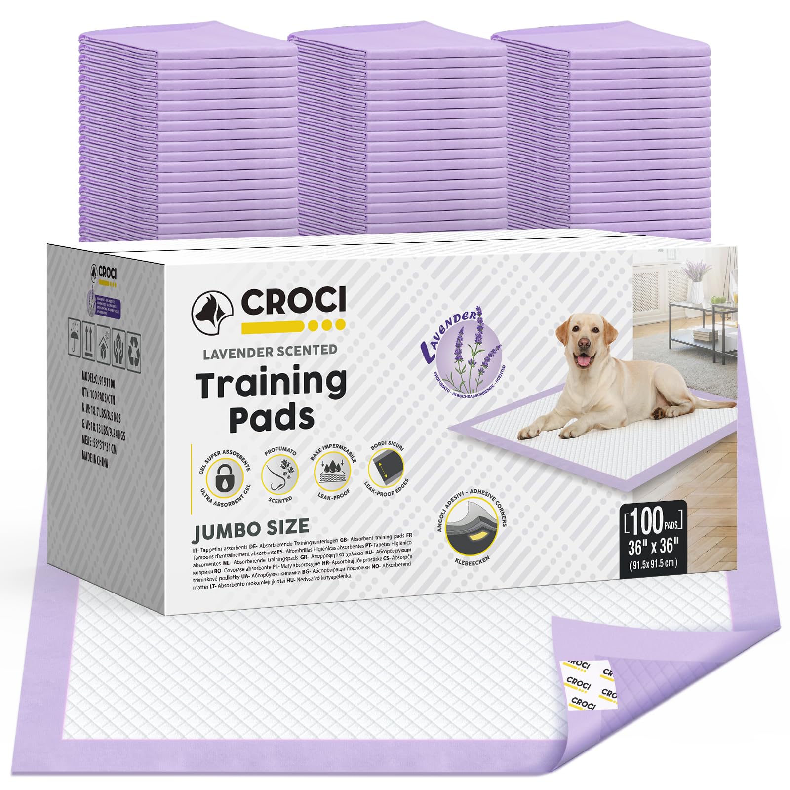 CROCI Puppy Pads with Adhesive Tabs Leak Proof Lavender Scent 36x36in 100Ct