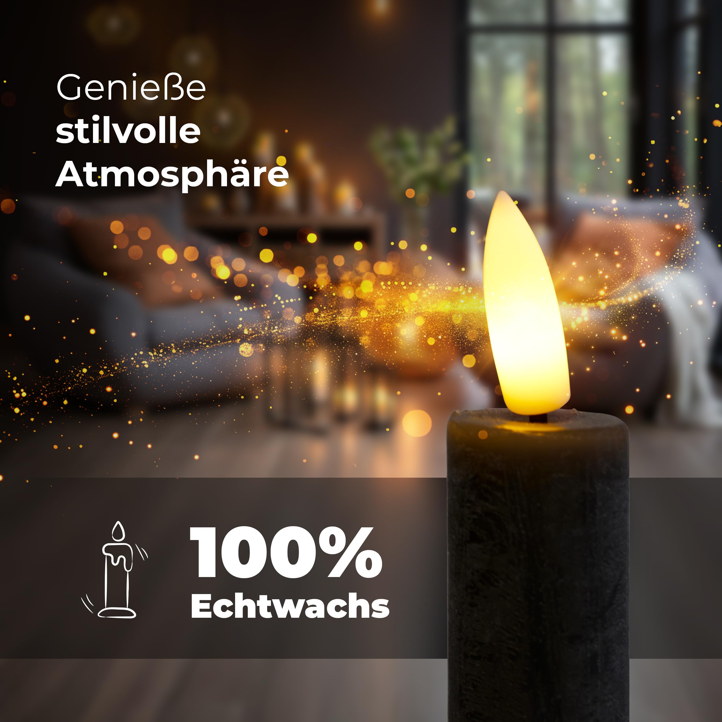 LED Stabkerzen 24 Stück ECHTWACHS SCHWARZ mit Timer Funktion 6 Stunden 24cm Höhe für Kerzen 2,2cm Durchmesser 2 AAA Batterien notwendig LED Stabkerzen 4er Set SCHWARZ (sechs Mal) bewegliche Flamme