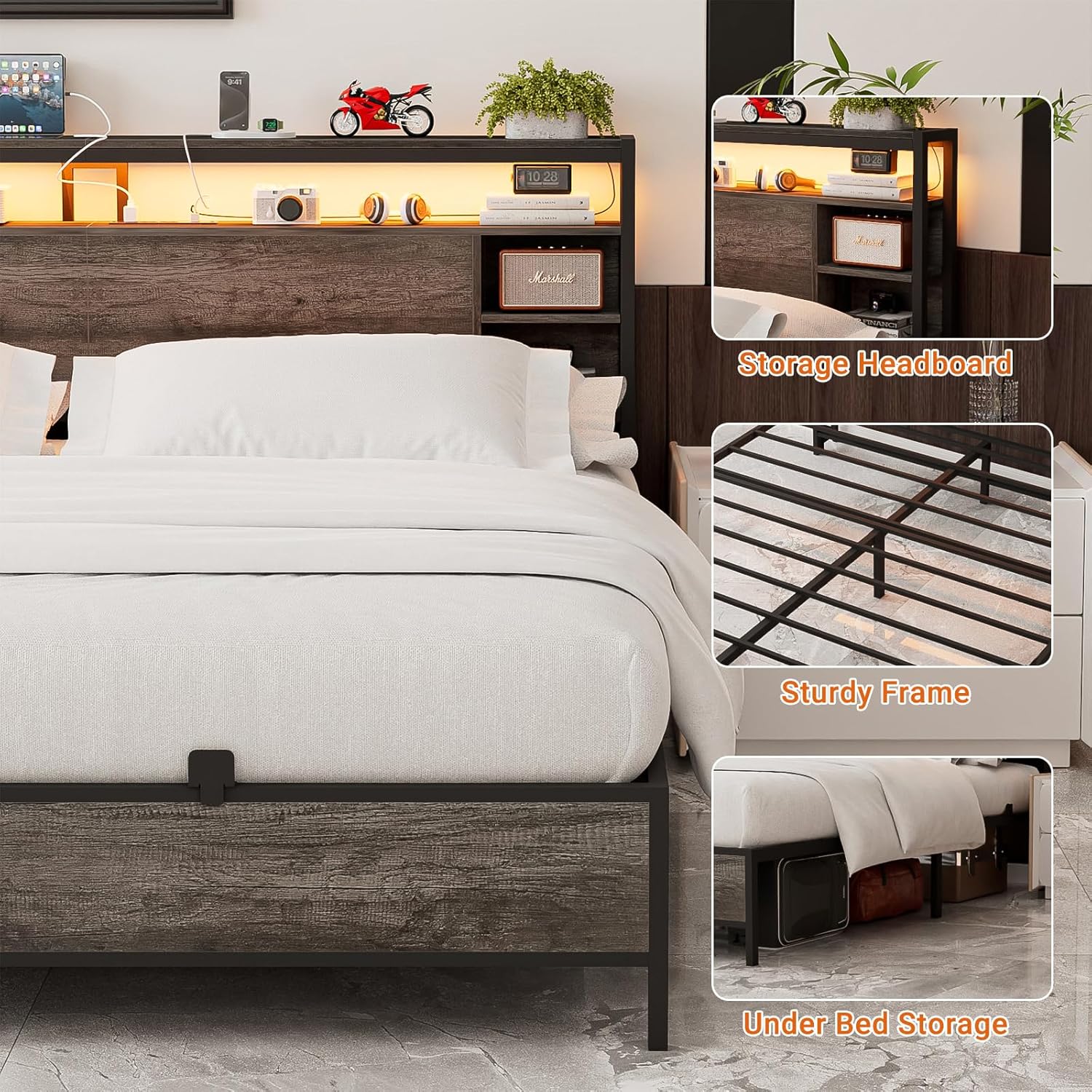 Unikito King Bed Frame with Charging Station and RGB LED Lights, Sturdy King Size Platform Bed with Storage Headboard, Solid Metal Slats, Noise Free, No Box Spring Needed, Easy Assembly, Black Oak