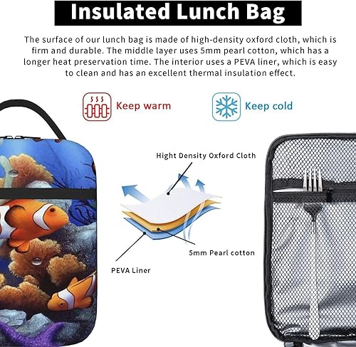 Miniatura 5 de Lonchera con bolsillo lateral, bolsa suave aislada con diseño de peces payaso de dibujos animados, bolsa de almuerzo térmica para picnic de trabajo