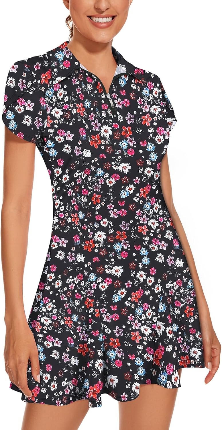 LURANEE Athletic Dress for Women Petal Short Sleeve Tennis Dresses with Shorts and Pockets Flowy Golf Outfits
