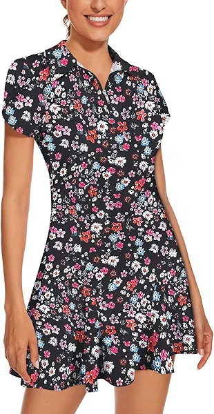 LURANEE Athletic Dress for Women Petal Short Sleeve Tennis Dresses with Shorts and Pockets Flowy Golf Outfits