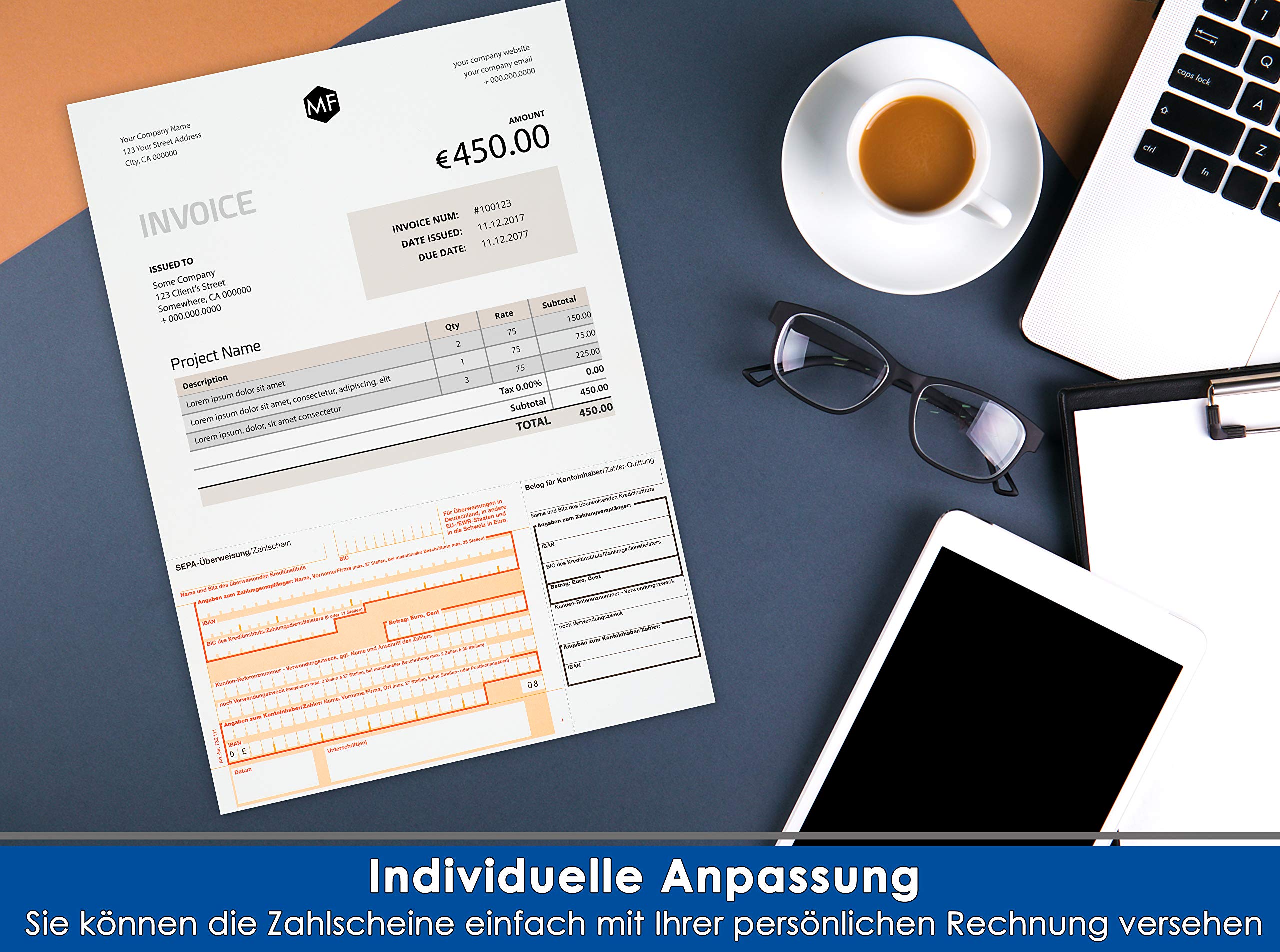 Überweisungsträger SEPA Zahlschein mit Quittung rechts, mit “DE” Eindruck | 1000 Stück Perforierte Überweisungsträger DIN A4, 90g/m² OCR-Papier weiß, Überweisungsformular unten links, Quittung rechts