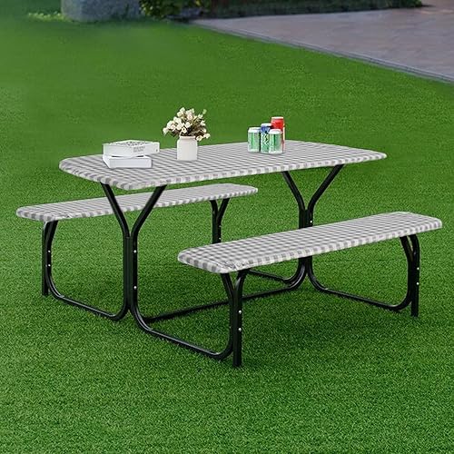 Fitable Funda impermeable para mesa de picnic a cuadros, para exteriores, con fundas de banco, 3 piezas, mantel de vinilo ajustable de franela de 30