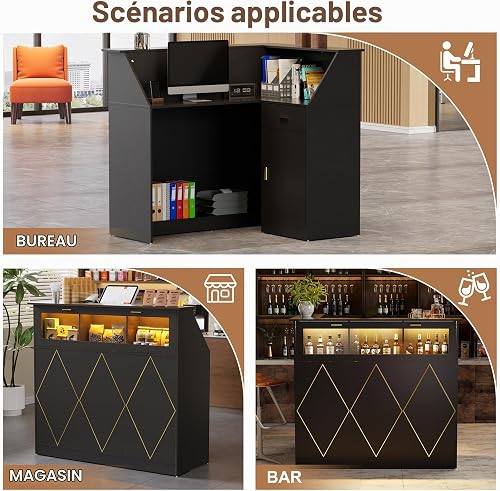 MSFE Comptoir de Réception avec LED, Moderner Comptoir Caisse Comptoir Accueil avec Tiroir et Armoire et étagère D'exposition Comptoirs Caisse Salon de Coiffure,Bureau,Boutique, 126x93x111cm (Noir) - 7
