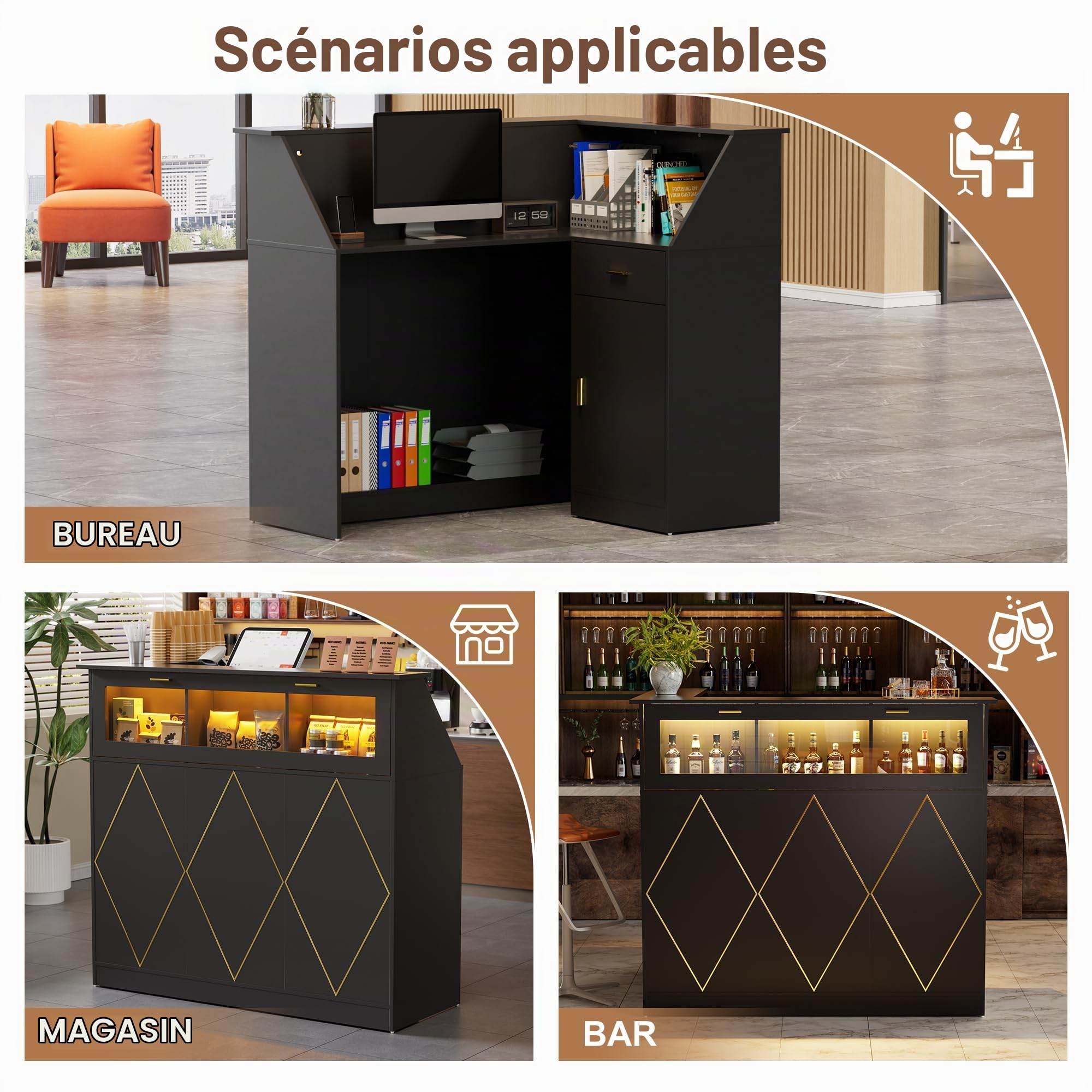 MSFE Comptoir de Réception avec LED, Moderner Comptoir Caisse Comptoir Accueil avec Tiroir et Armoire et étagère D'exposition Comptoirs Caisse Salon de Coiffure,Bureau,Boutique, 126x93x111cm (Noir)