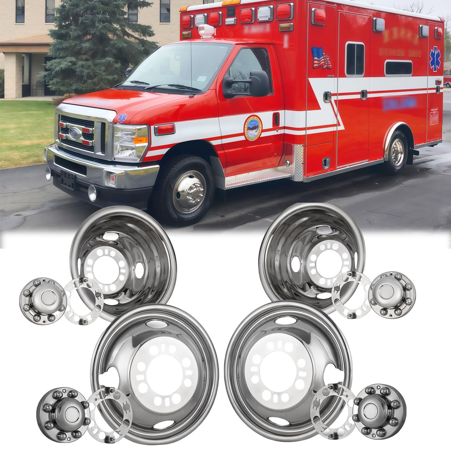 4pc 16" Wheel Simulators Compatible with 74-00 Chevy GMC 3500, 74-98 Ford F350, 08-21 Ford E350/E450 Van, 74-99 Dodge Ram 3500,8 Lug Polished Stainless Steel Dually Screw On Cover Hubcaps