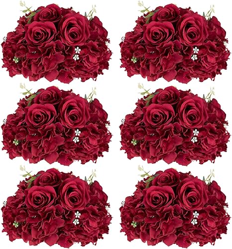 Bolas de flores de rosas rojas para centros de mesa: 6 piezas de centros de mesa de flores de diámetro de 11.8 pulgadas para mesas en decoración de