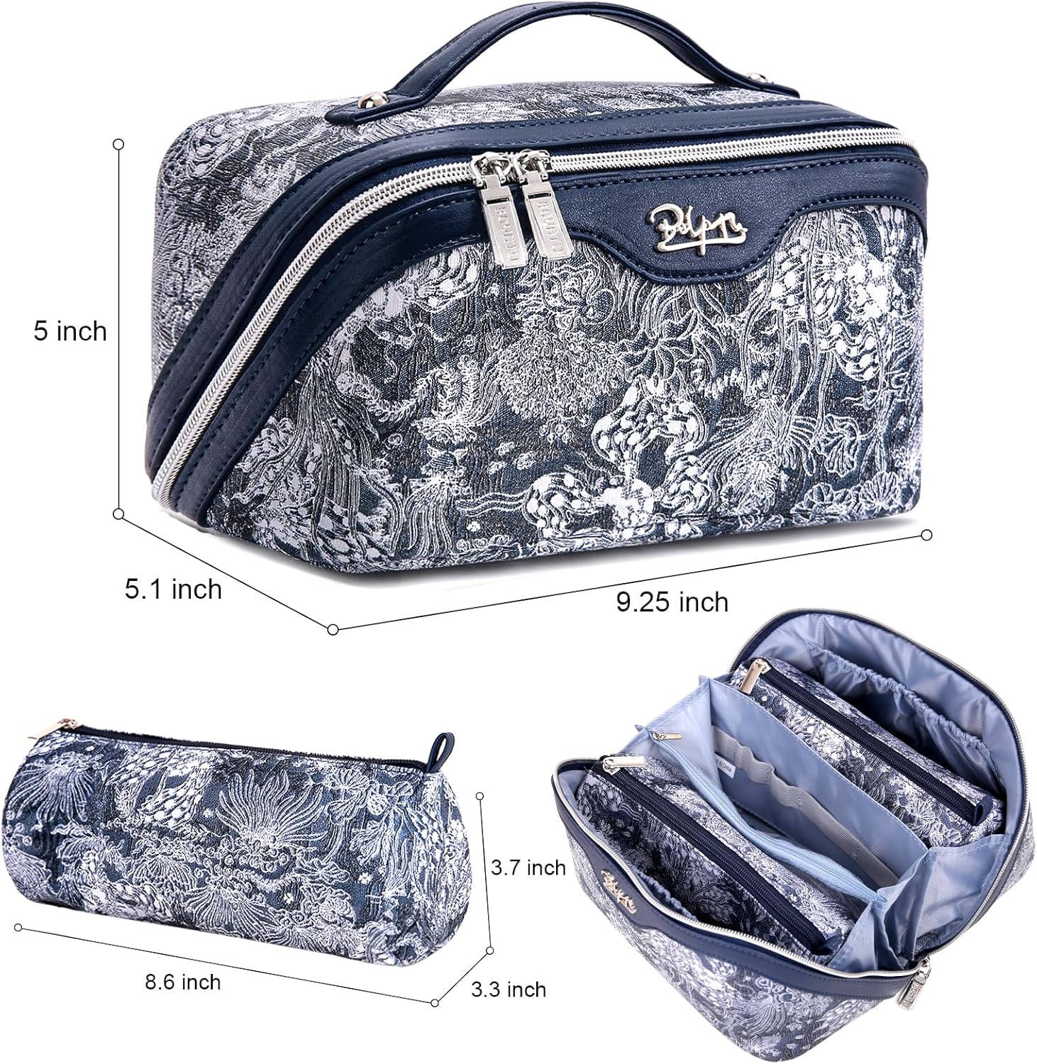 BOYATU Travel Makeup Bag for Women: Large Capacity Make up Bag with Compartments - Vegan Leather Cosmetic Bag set of 3 - Waterproof Toiletry Bag with Handle & Divider(E-3-Blue)