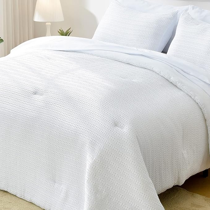 Newspin Queen Bed in a Bag White Waffle Bedding Comforter Set for All Seasons, 7