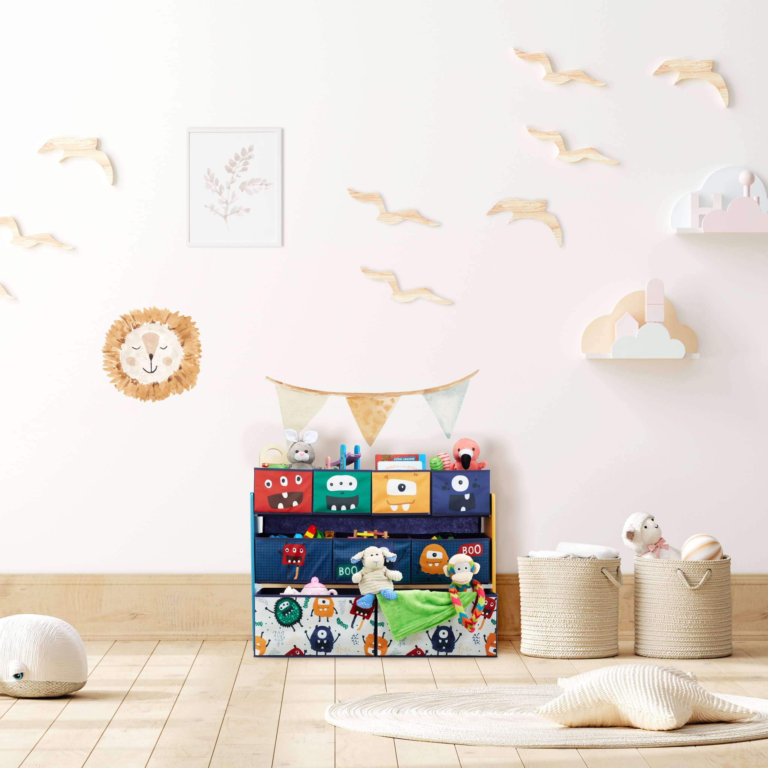 Relaxdays Estantería Infantil con 9 Cajas de Tela, Diseño de Monstruos, 70x92,5x30cm, Cajonera para Juguetes, Multicolor