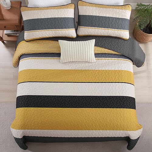 Miniatura 10 de Juego de edredón azul tamaño King, juego de ropa de cama bohemio gris a rayas de microfibra bohemio de 3 piezas, colcha ligera de granja para