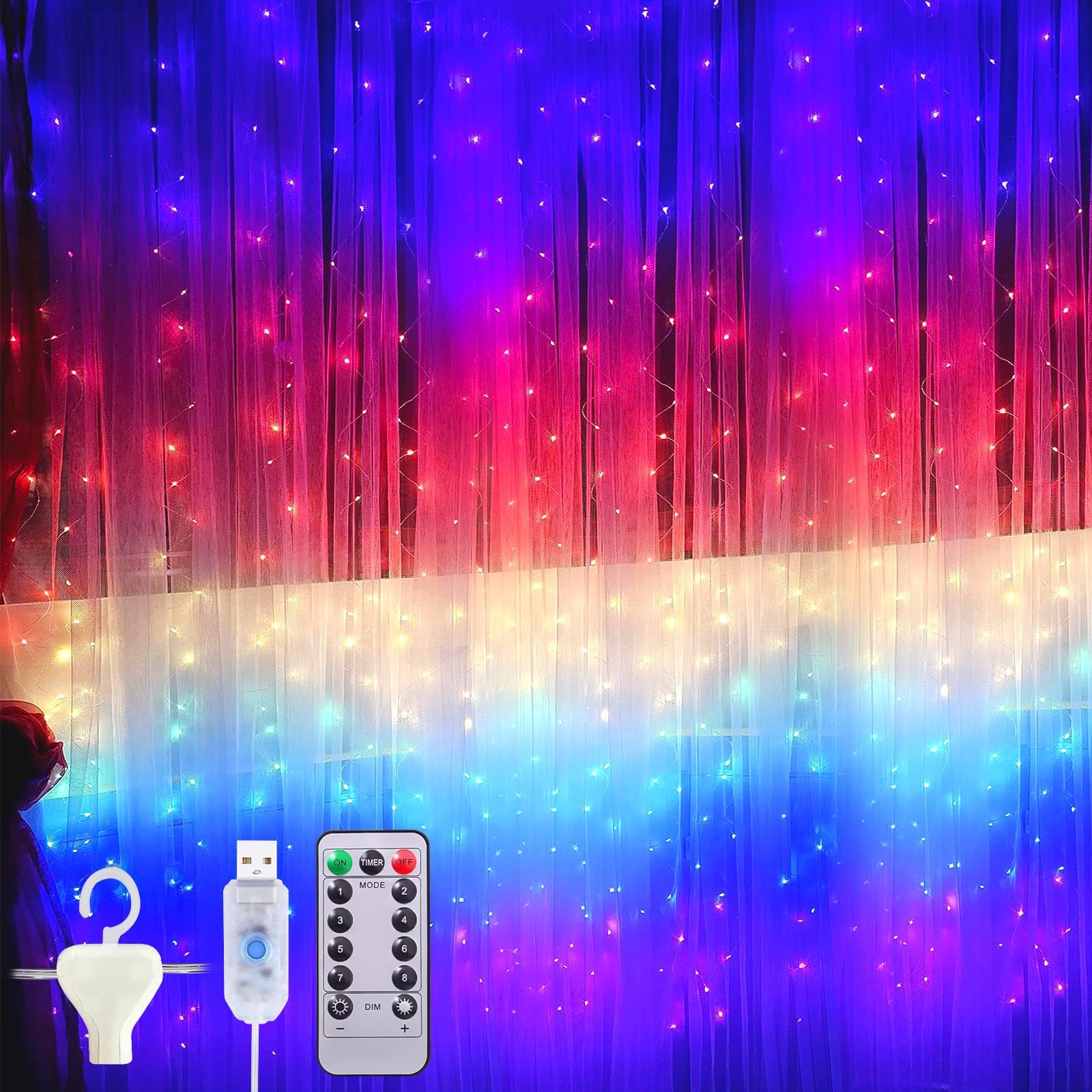 Rideau lumineux 600LED IP44 10M, 8 modes avec timer - Multicolore