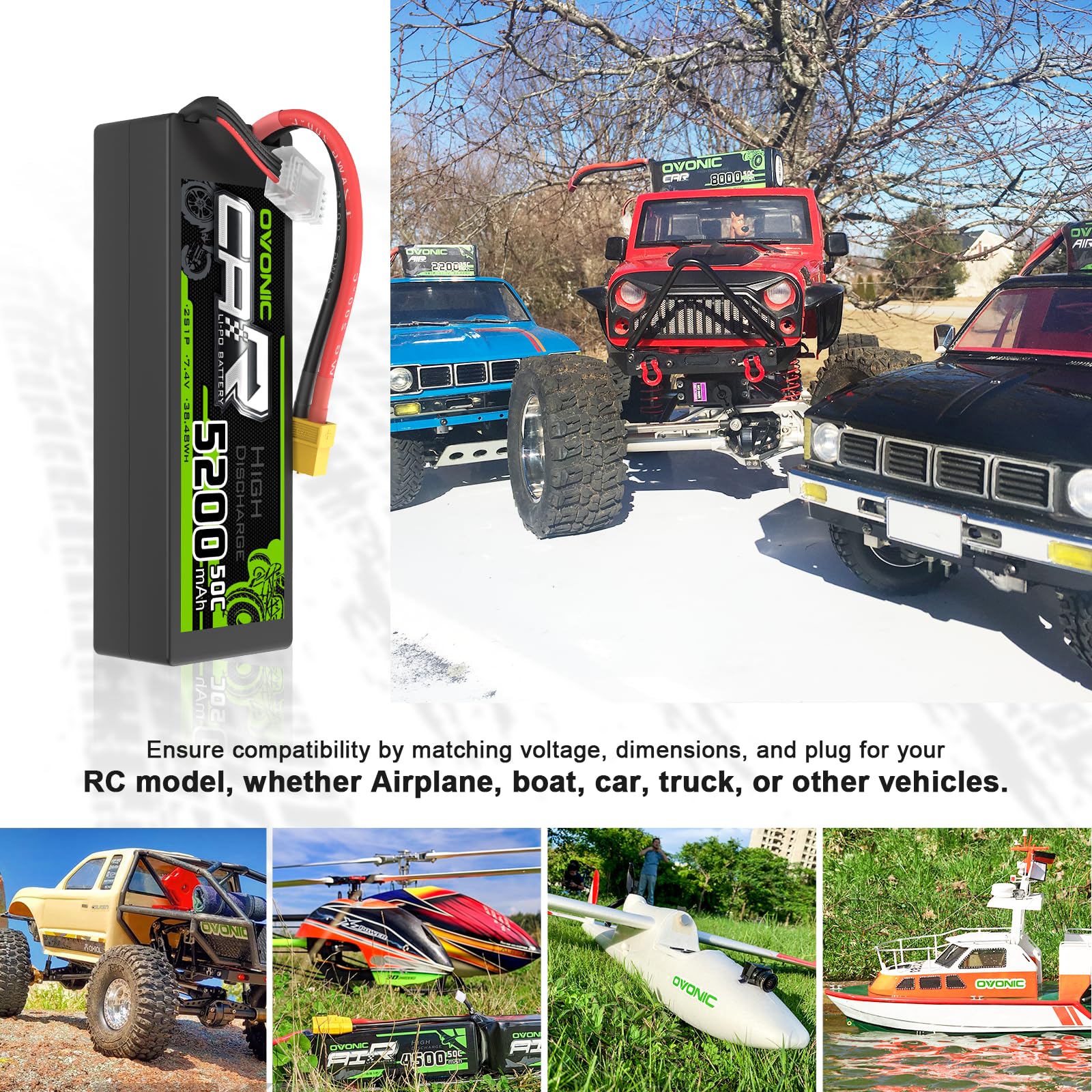 OVONIC 2S Lipo-accu 5200mAh 7,4V 50C Hardcase Lipo-accu met XT60-stekker voor 1/8 of 1/10 RC-auto, vrachtwagens, RC-vliegtuig, RC-helikopter, RC-boot (2 stuks