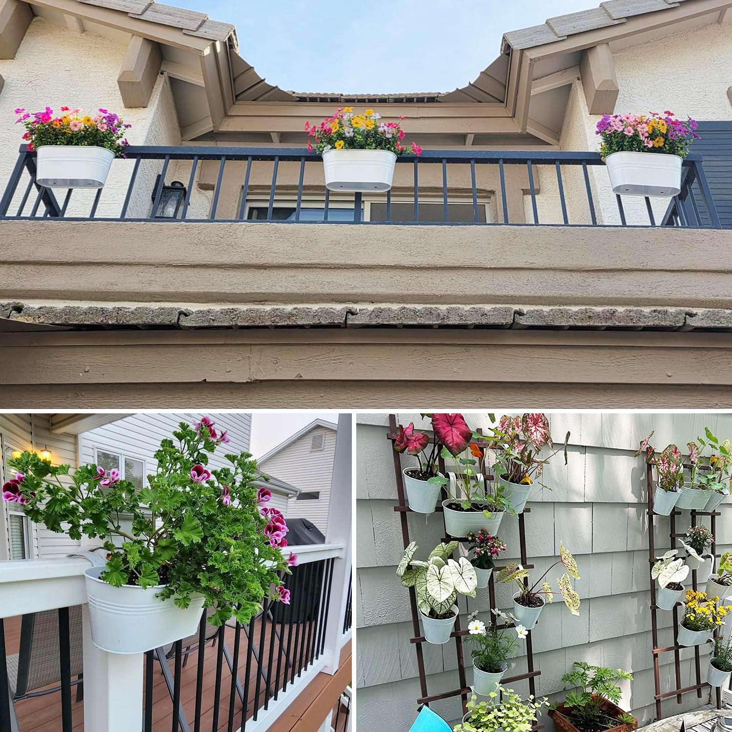 6 Pack Metal Railing Planter for Outdoor Plants, White Iron Railing Planters, Metal Window Hanging Flower Pots for Balcony, Fence, and Patio Railings, Garden Decor with Drainage Holes