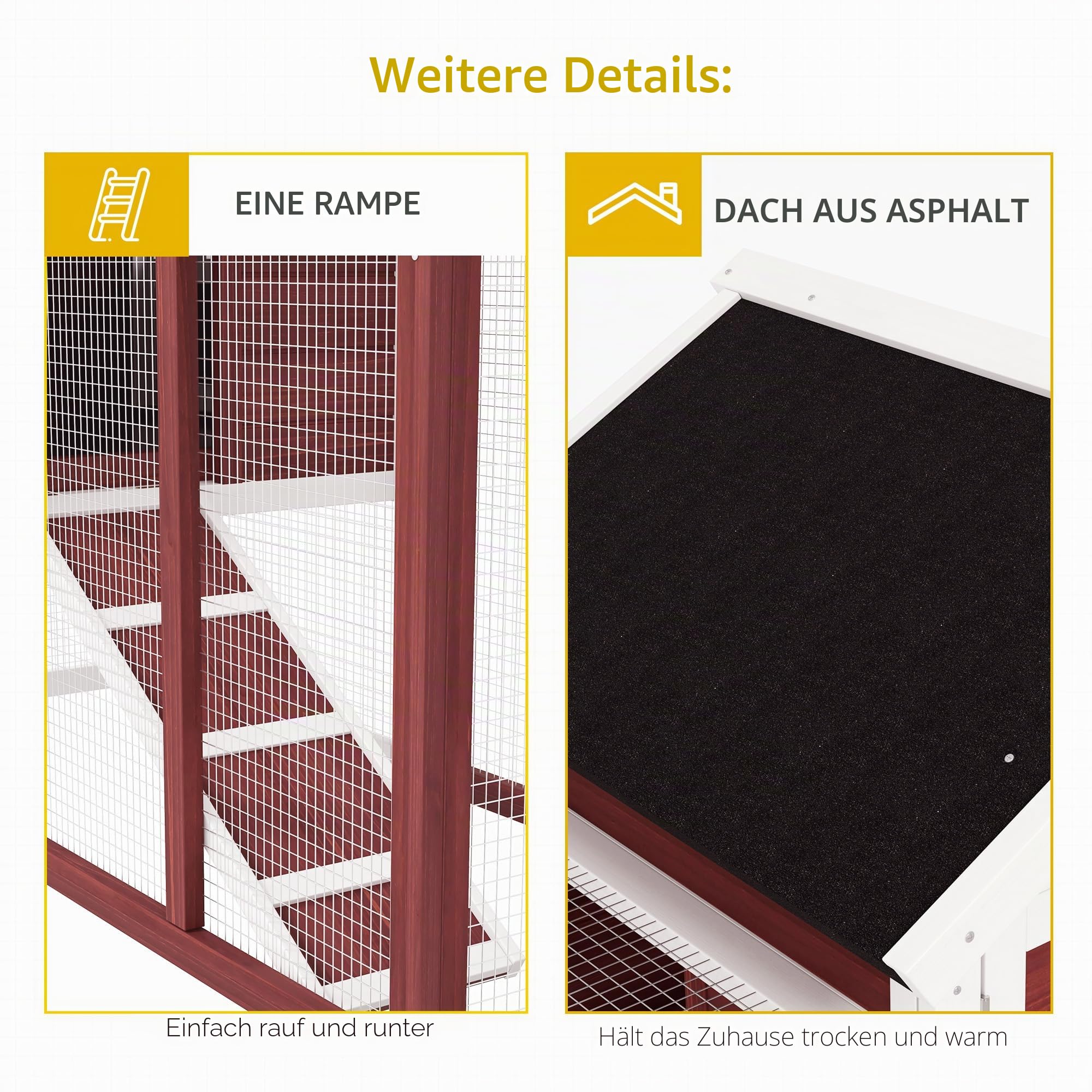 PawHut Kaninchenstall Mehrzweck-Kaninchenstall: obere Nische mit Rampe, Kotplatte, Fenster + sicheres Außengehege 2 Türen 122L x 63l x 92H cm Ziegelrot