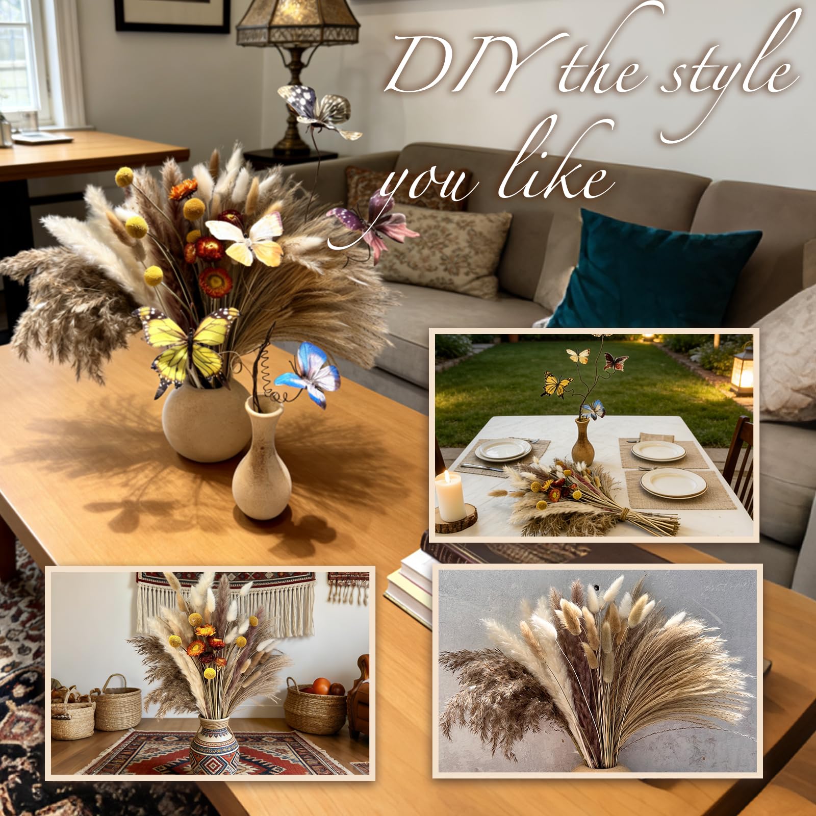 Trockenblumenstrauß: Pampasgras Boho-Dekor, westliches Blumenarrangement enthält Hasenschwanz, Schilfgras und Schmetterlinge für Zuhause, Vase, stimmungsvolles Büro, Hochzeit, Schlafzimmer