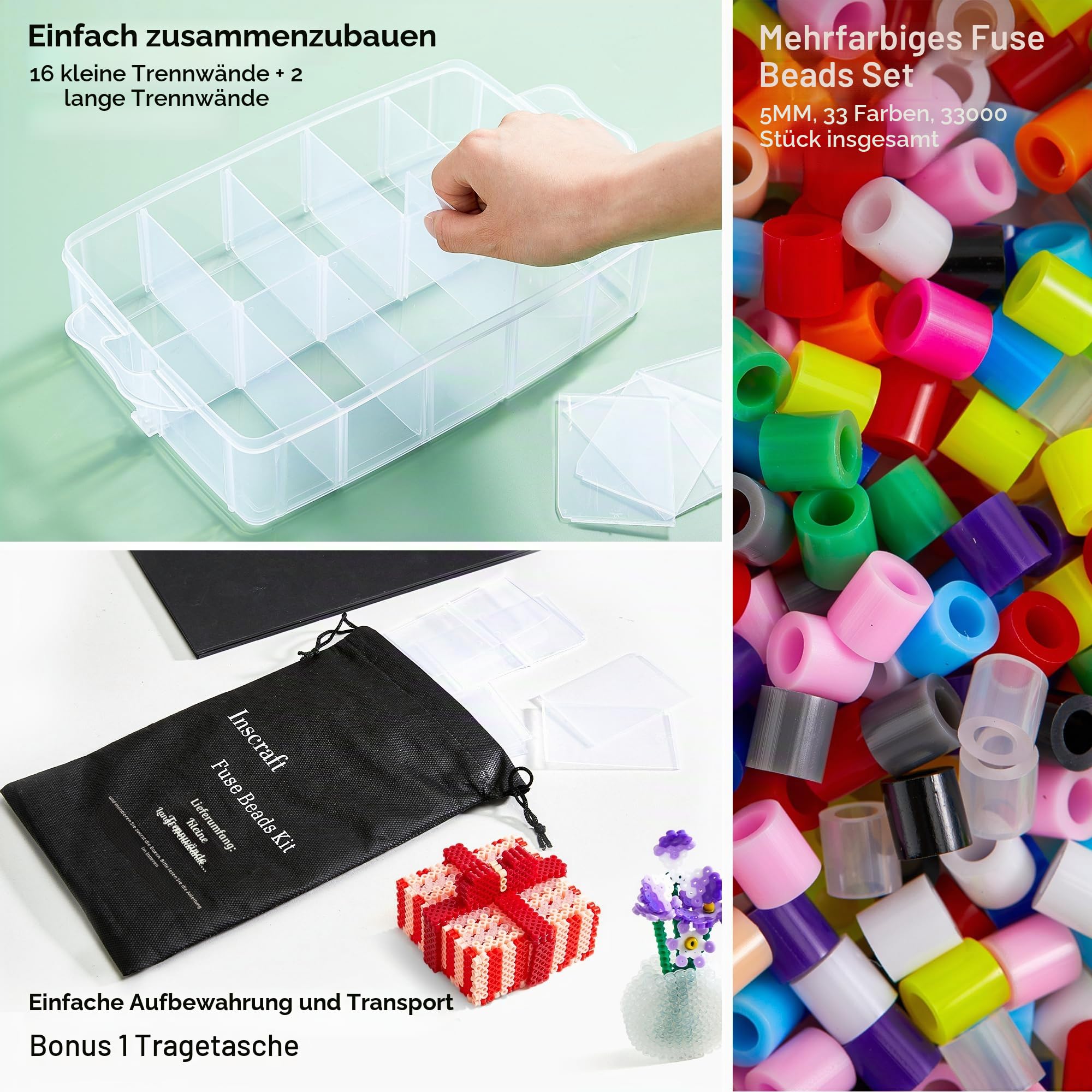 Inscraft Bügelperlen Set, 33000 teilige große Bügelperlen 5mm, 33 Farben Bügel-perlen xl, Bügelperle groß mit 15 Bügelpapier, 150 Bügel perlen Vorlagen & 8 Bügelperlen Platten, Steckperlen ab 3 jahre