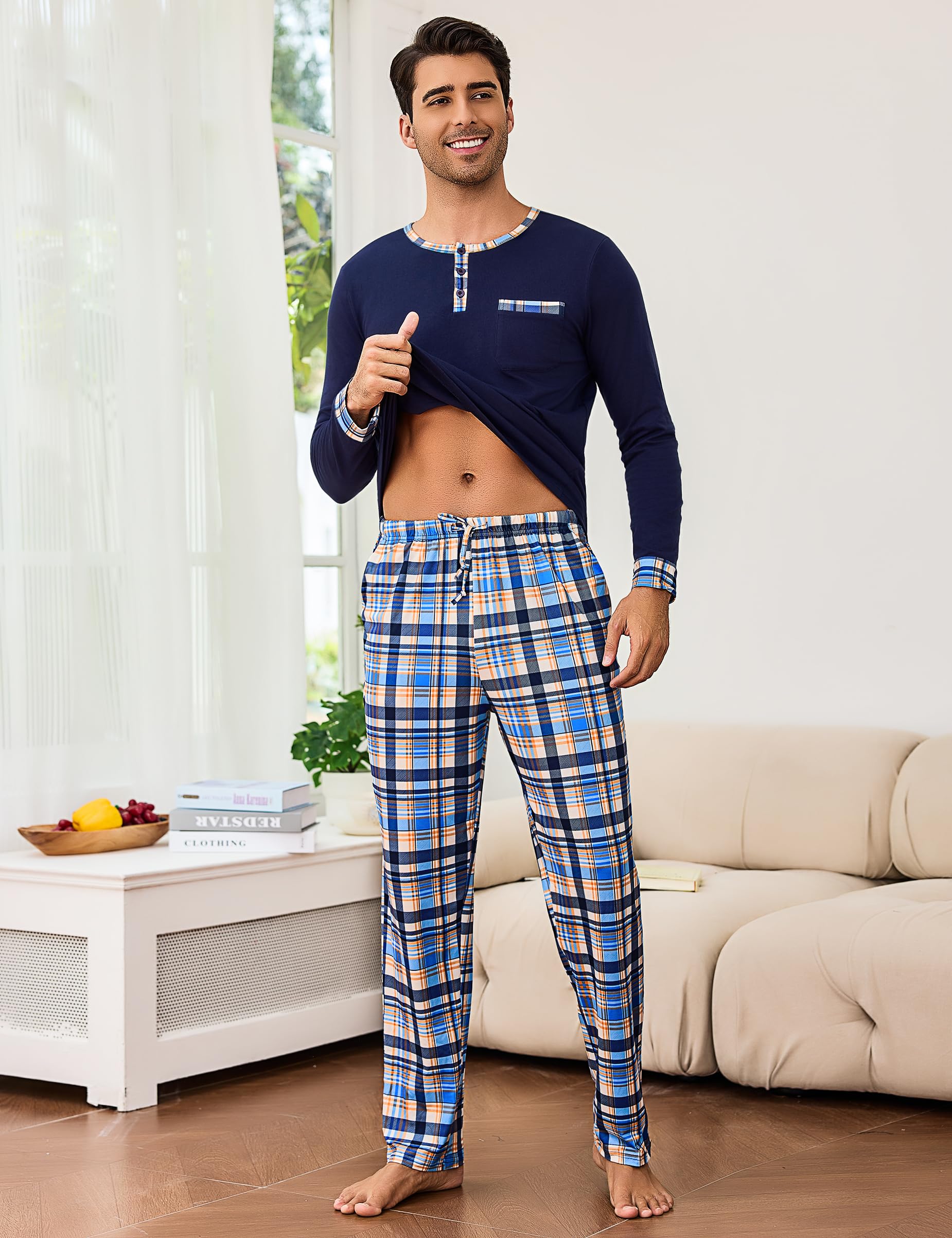 Litherday Pigiama da Uomo Invernale Lungo Pigiama Uomo in Cotone Pigiama a Maniche Lunghe da Uomo con Coulisse e Tasche 2 Pezzi, S-XXL