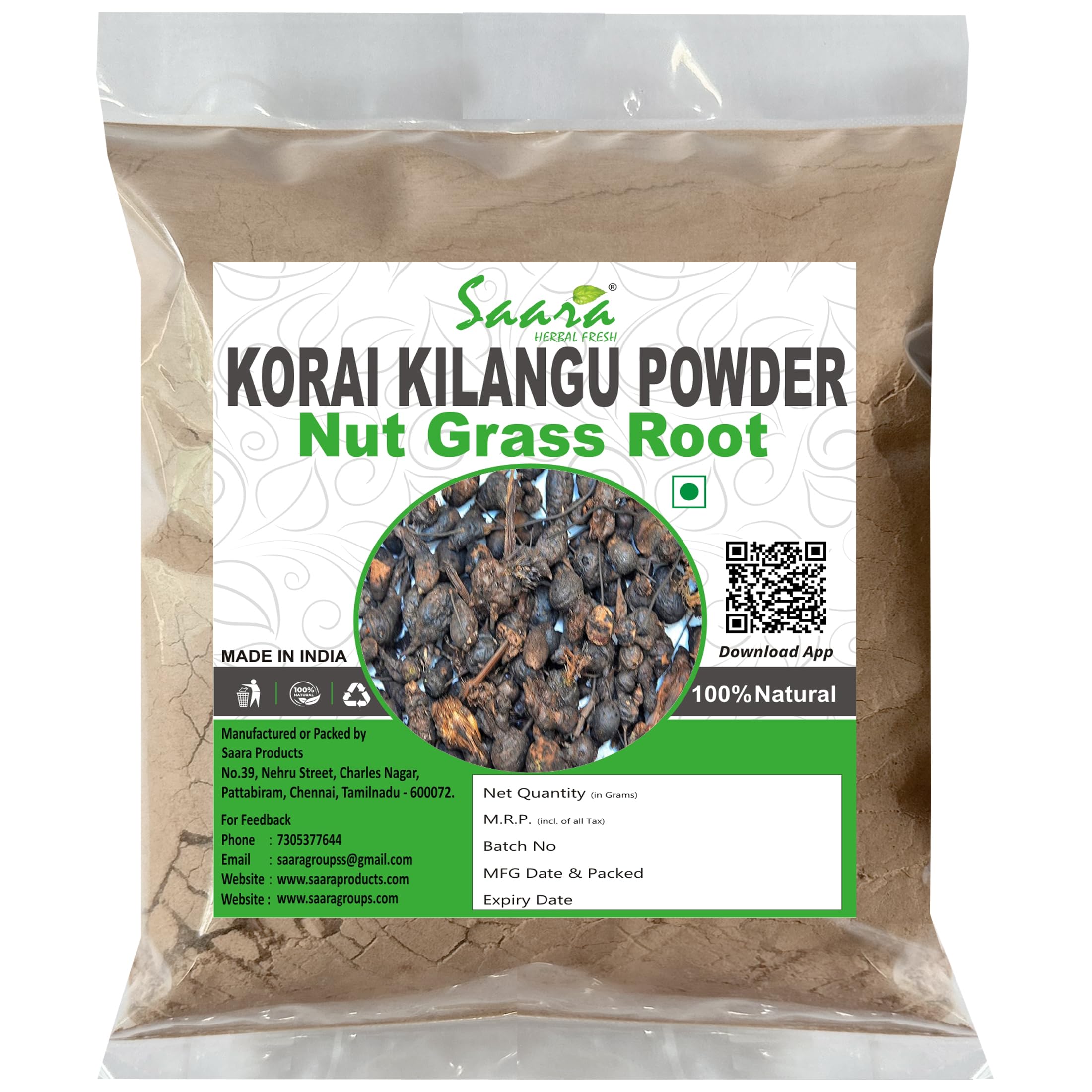 Saara Herbal Fresh Koraikilangu Powder 100g | Korai Kilangu | | Nut Grass Root Powder | Korai Kizhangu | Cyperus Rotundus