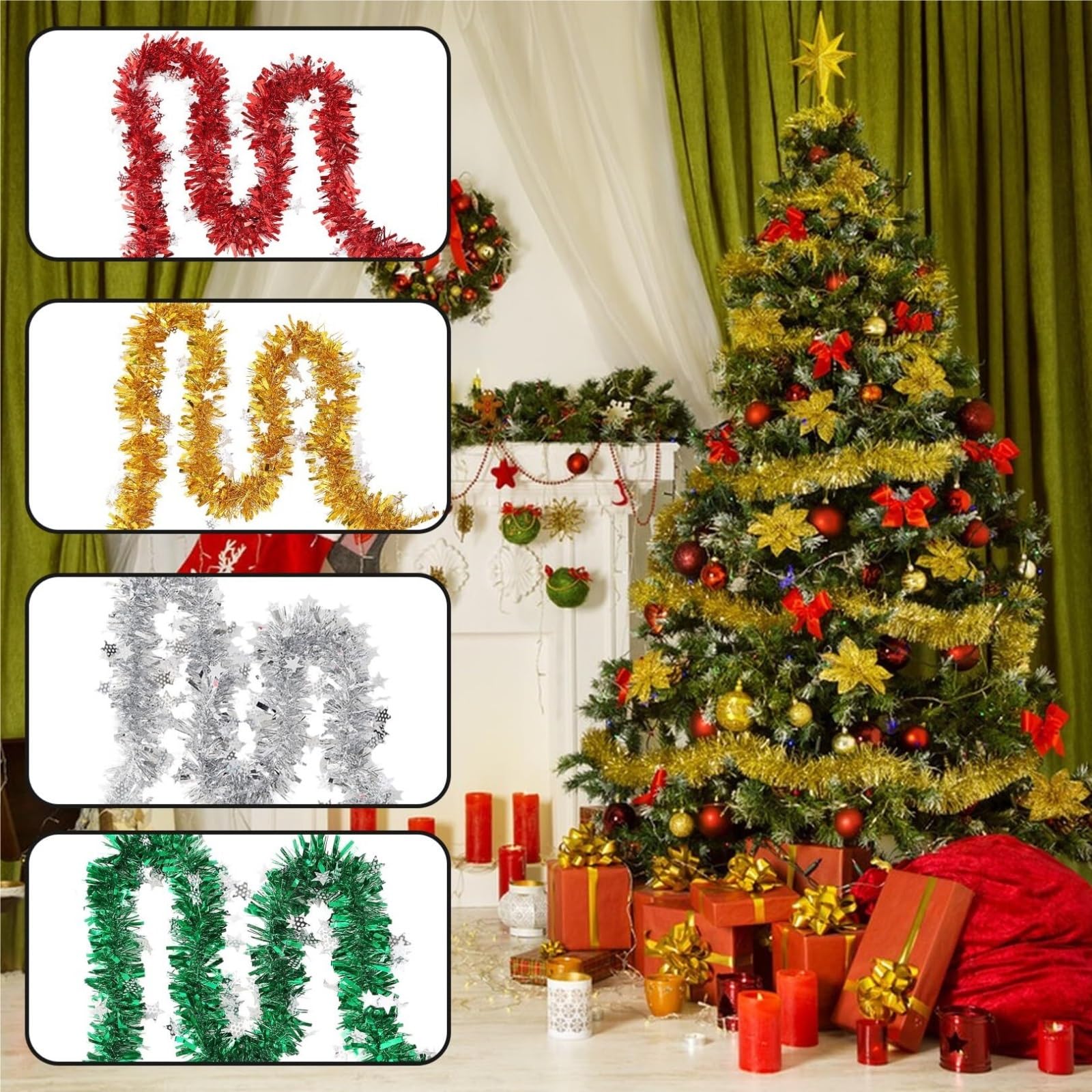 Lametta Weihnachtsbaum 4 Farben Weihnachtslametta Weihnachtsbaum-Hängedekoration Silvesterparty Girlande Weihnachten(10M)