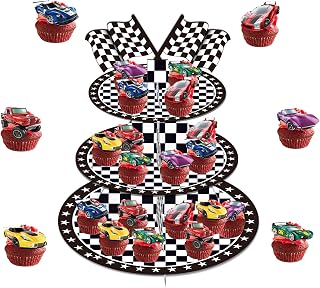 3 Tier Racing Car Cupcake Stand With 24pcs Toppers - Black and White Checkered Dessert Cardboard Tower for Racing Theme Party Decoration Supplies
