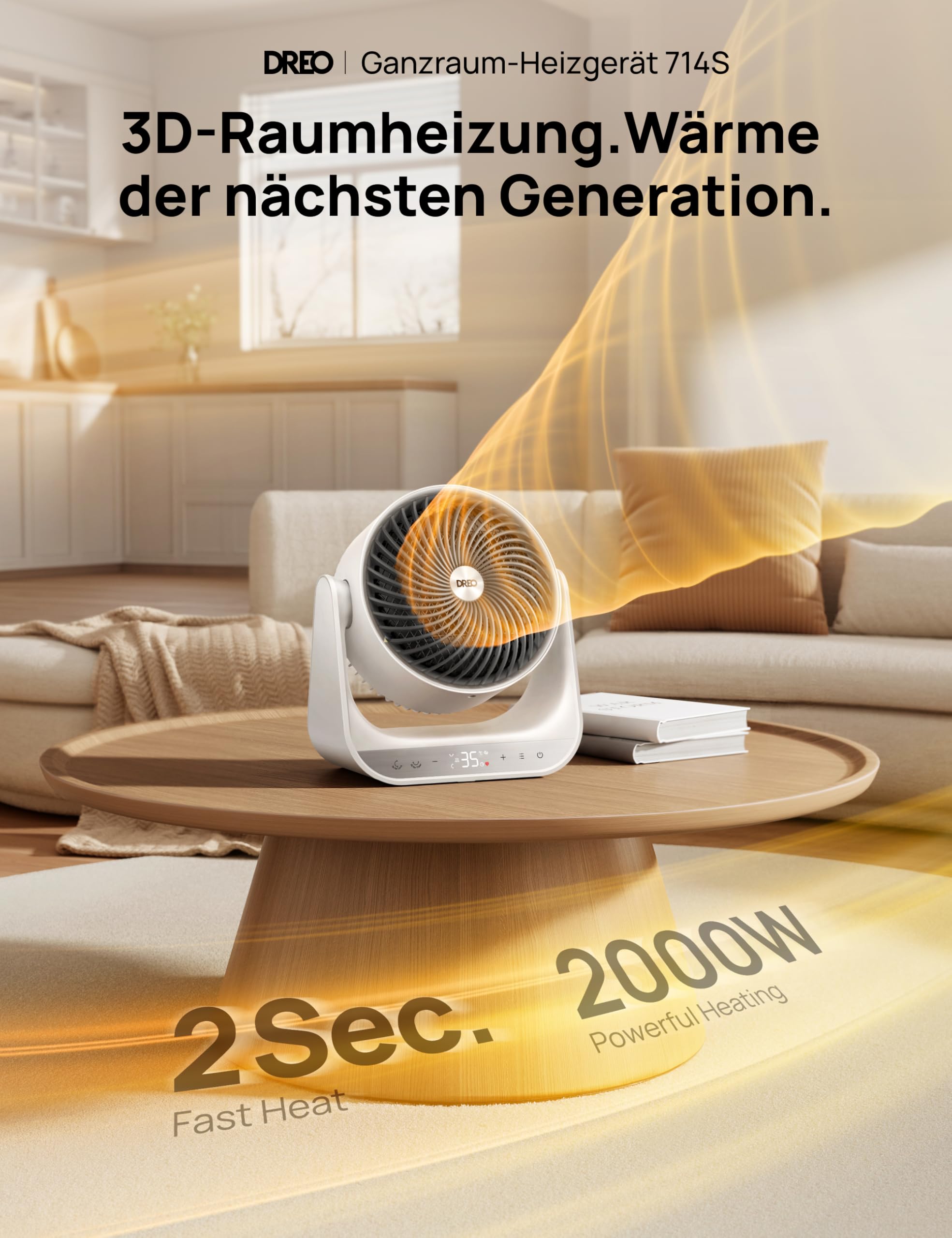 Dreo Heizlüfter für Innenräume, 2000W Elektroheizer mit Fernbedienung und Thermostat, 7 Modi, Überhitzungs- & Kippschutz, tragbarer Heizstrahler für den ganzen Raum, Weiß, Ganzraum-Heizgerät 714S