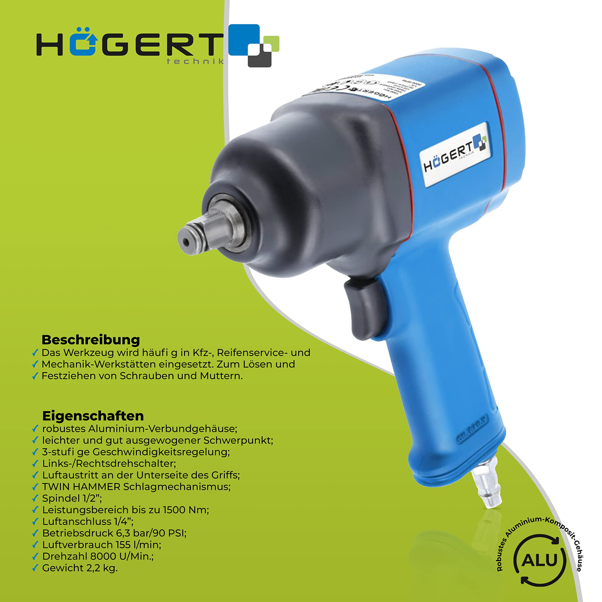 Högert Technik - Pneumatyczna wkrętarka udarowa 1/2" I mechanizm udarowy - Twin Hammer I zakres mocy do 1500 Nm I 3 zakresy pracy I przełącznik kierunku obrotu w lewo/prawo I HT4R623