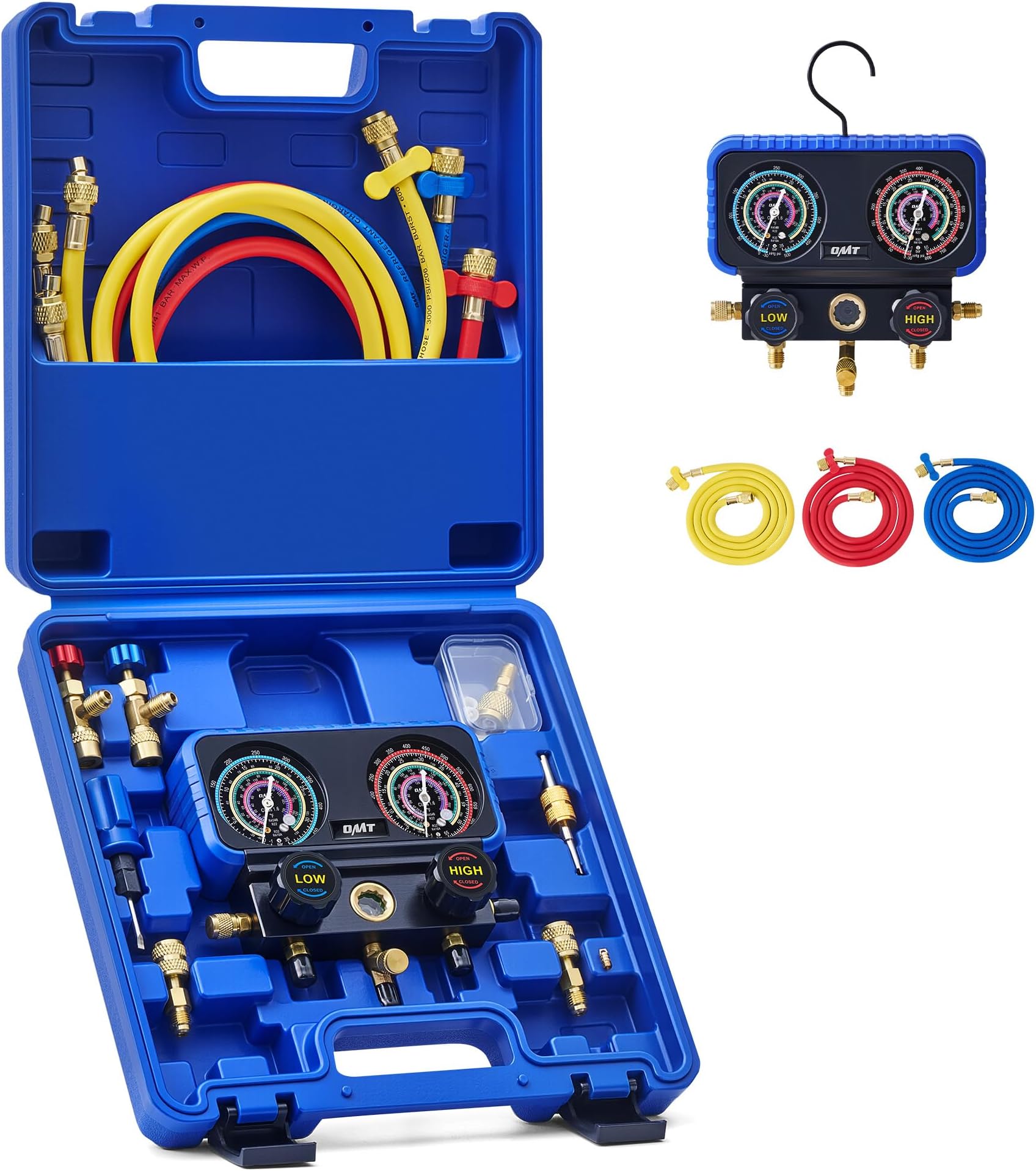 OMT R410a Gauges, AC Manifold Gauge Set for R410a Refrigerant, 3 Way AC Gauges R410a Manifold Set with R410a R22 Safety Valves, 3 Hoses, R410a Adapters, Universal Can Tap, AC Recharge Kit