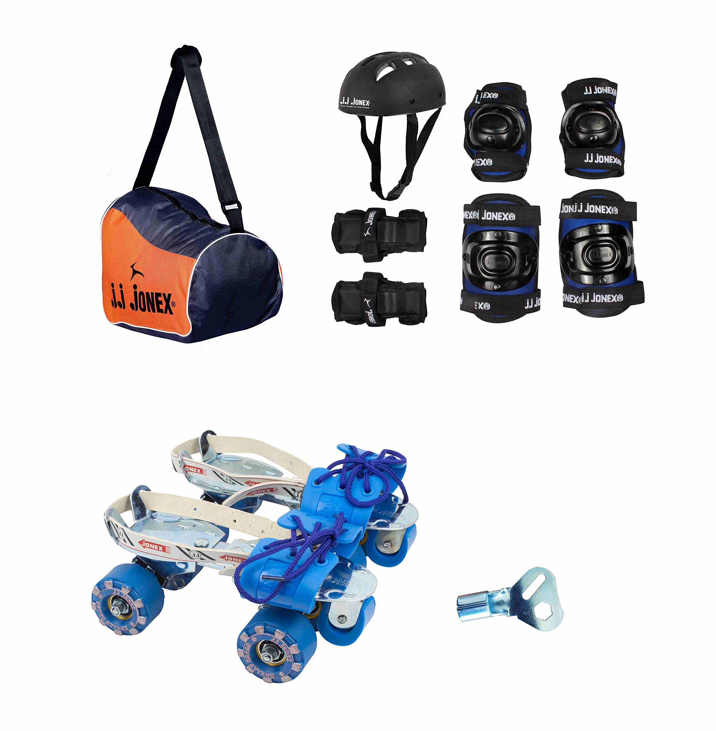 JJ JONEX Attack Adjustable Skates Combo (Skates+Helmet+Knee pad+Elbow pad +Skates Gloves + Key+Bag) Suitable (Black/Blue)(MYC) (Age 6-11 (Meduim)) (B0943MWQ51) Amazon Price History, Amazon Price Tracker