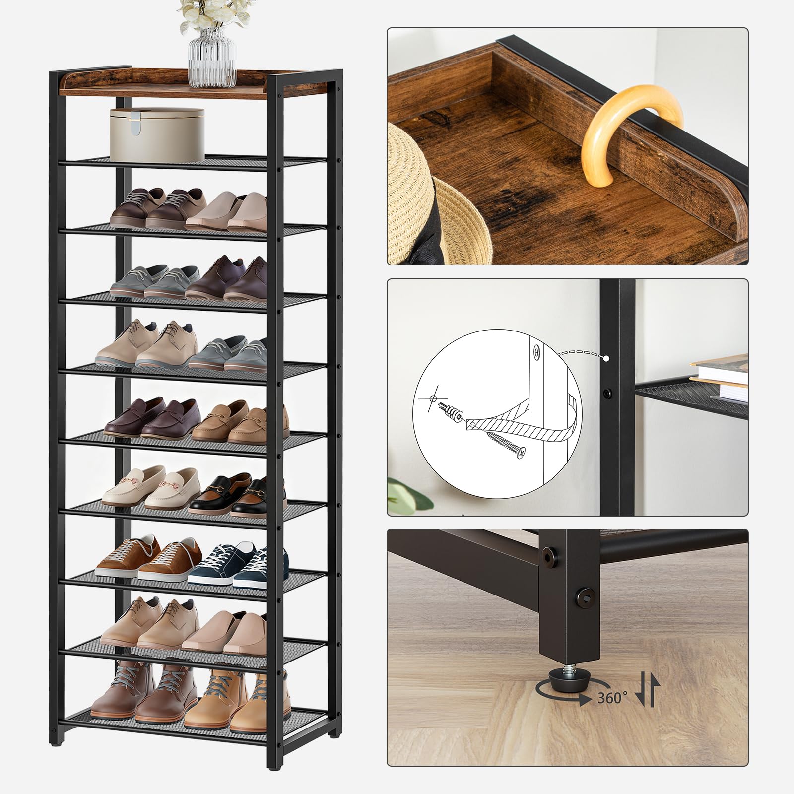 HOOBRO Schuhregal mit 10 Ebenen, Schmale Schuhablage, Schuhschrank, für 18-25 Paar Schuhe, Platzsparend, für Eingang, Flur, Wohnzimmer, Dunkelbraun-Schwarz EBF40XJ01