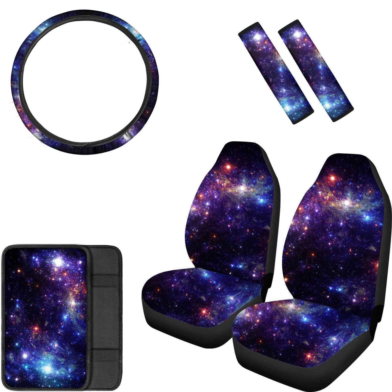 AFPANQZ Starry Car Seats Cover Front Seats Only Full Set with Steering Wheel Cover Safety Seat Belt Cover Cloth Sweat Absorption Center Console Cover Armrest Pads All 6 Pieces Purple Galaxy Print