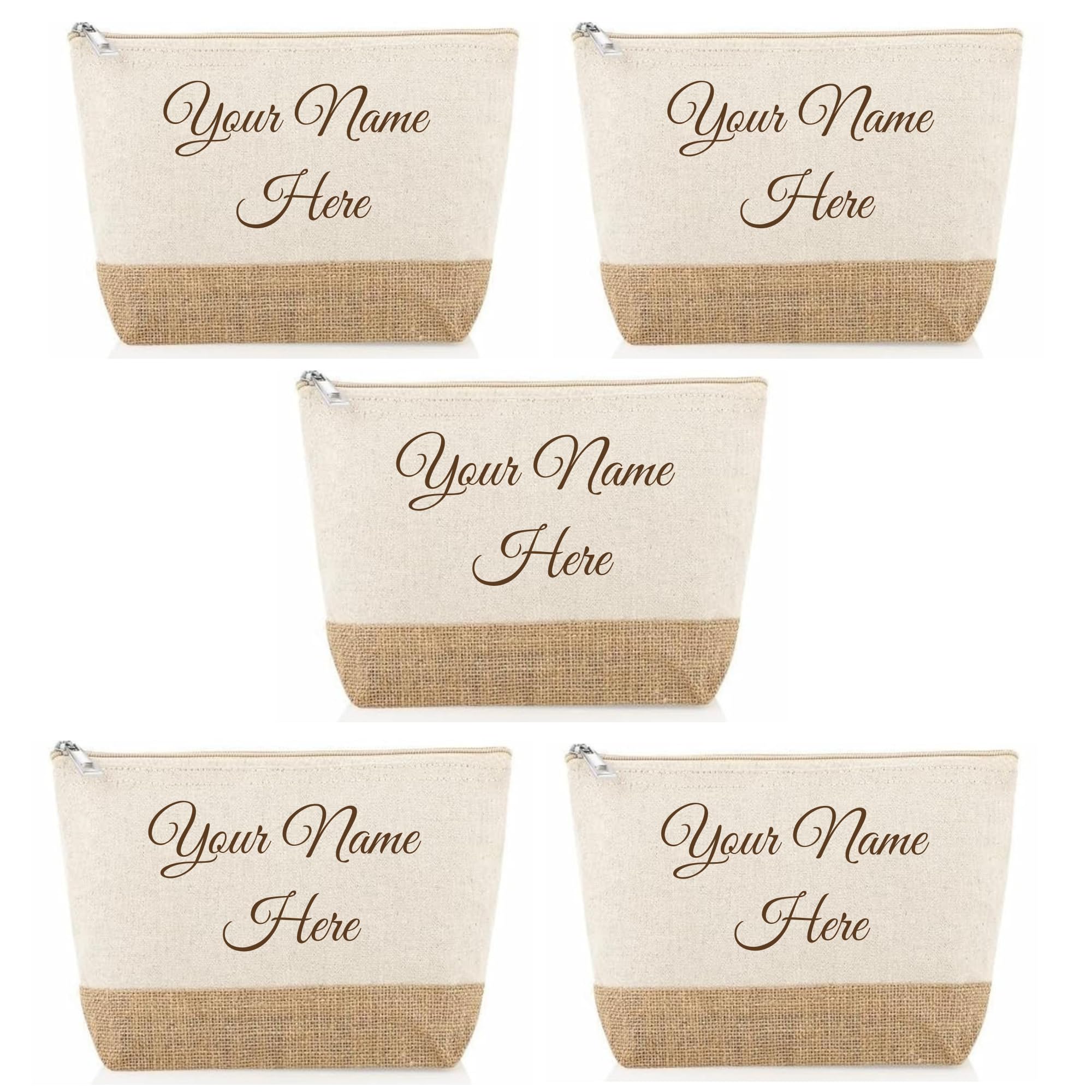 Crownlit Personalized Cotton and Jute Makeup Pouch, 25 x 16.5 x 6 cm(Big), Customizable Name, Natural Pack of (5)-image-45
